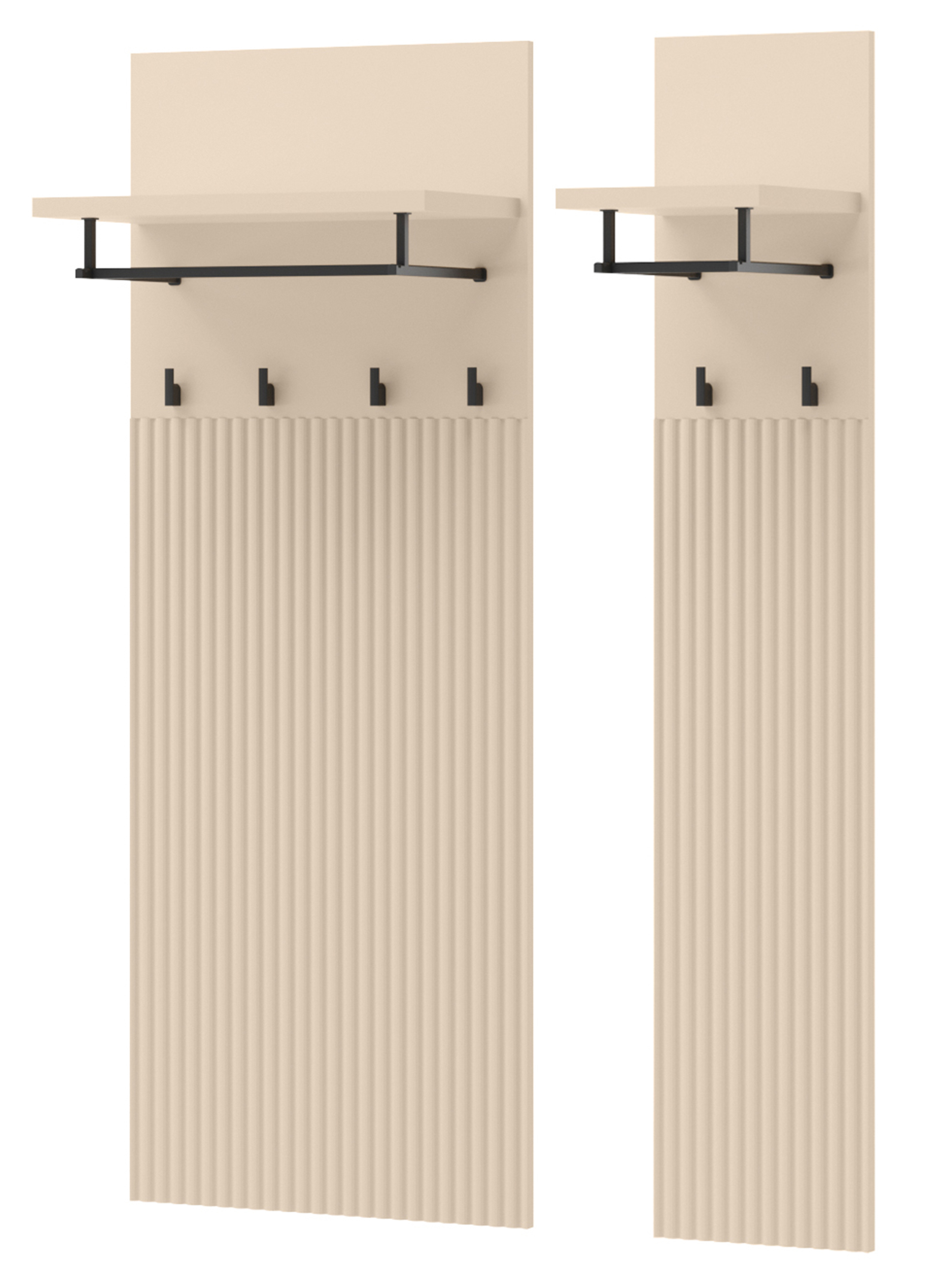 Wandgarderobe Trend mit Regalen 76 cm, geriffelte Fronten in sandbeige / schwarz