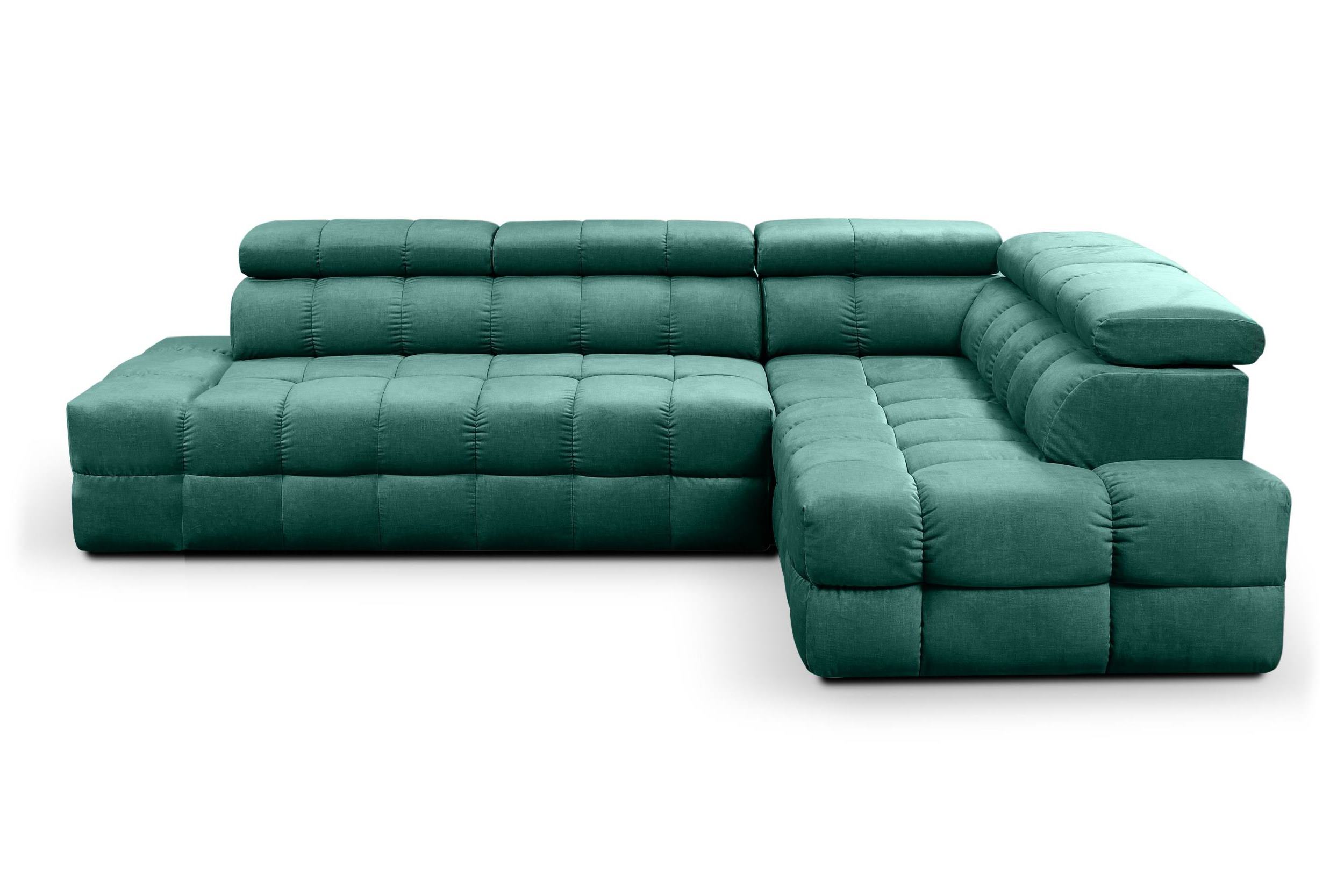 Ecksofa mit Schlaffunktion Torazo L-förmig mit Stauraum, grün, hydrophobischer Velours, rechtsseitig