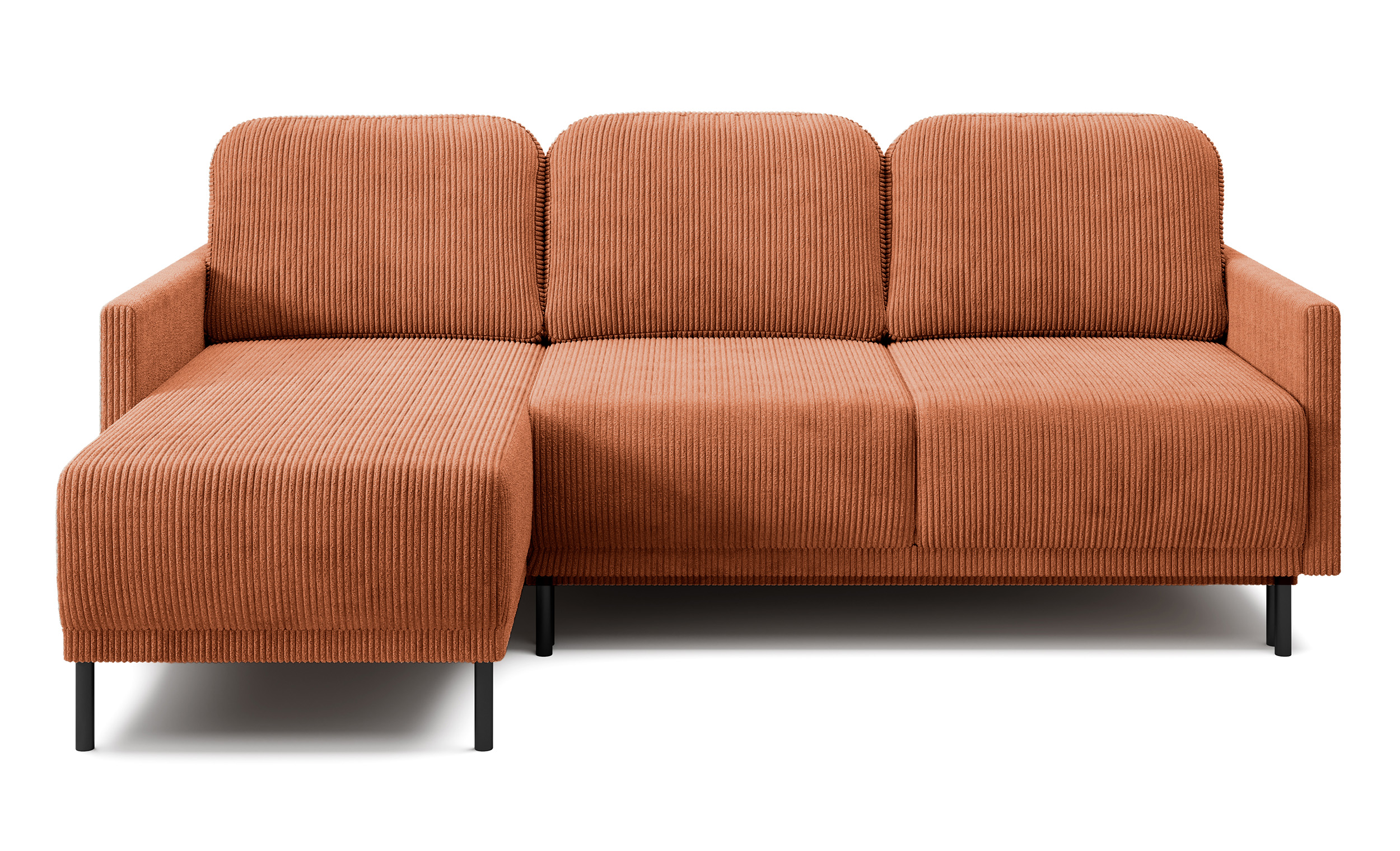 Ecksofa Hamiel L-förmig mit Bettfunktion und universellem Stauraum aus kupferfarbener Cord.