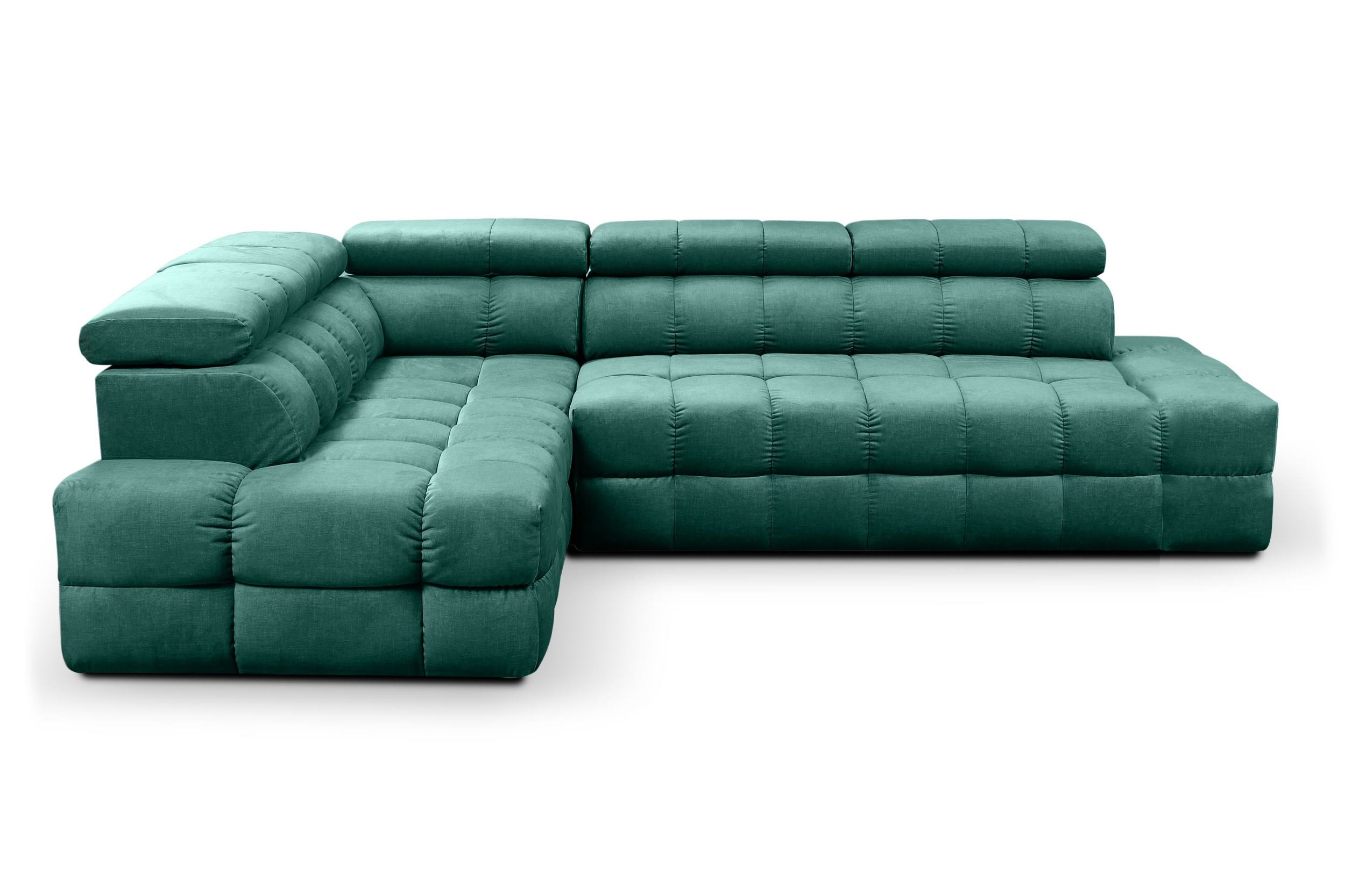 Ecksofa mit Schlaffunktion Torazo L-förmig mit Stauraum, grüner hydrophober Samt, linksseitig.