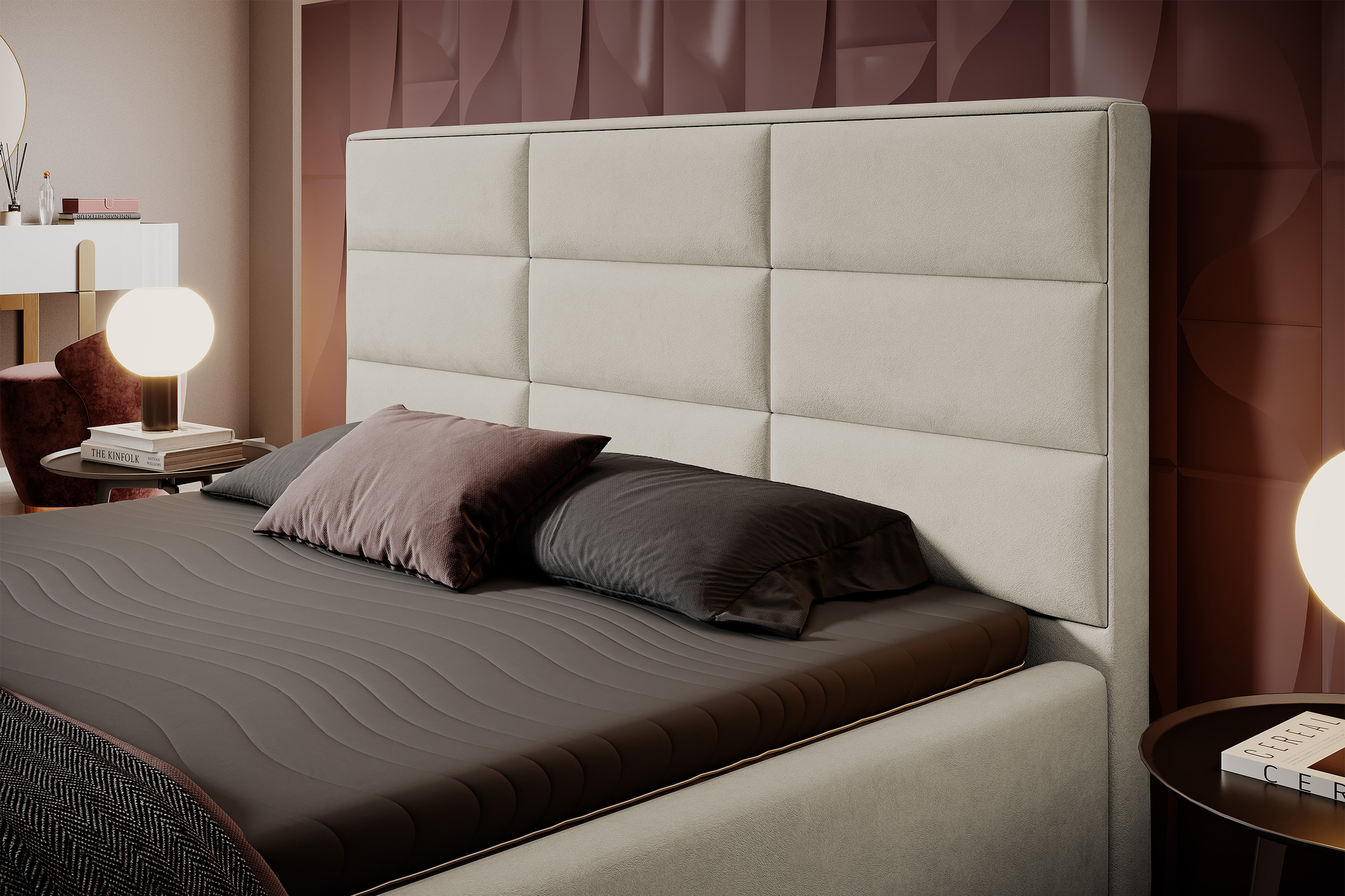 Łóżko tapicerowane 200x200 cm Suvereto z pojemnikiem hydrofobowe szarobeżowe