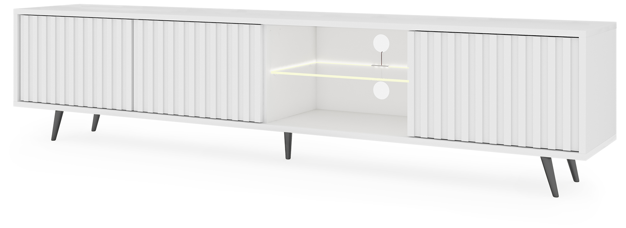 TV-Schrank Bello mit Lamellenfronten 175 cm weiß mit LED-Beleuchtung und schwarzen Beinen