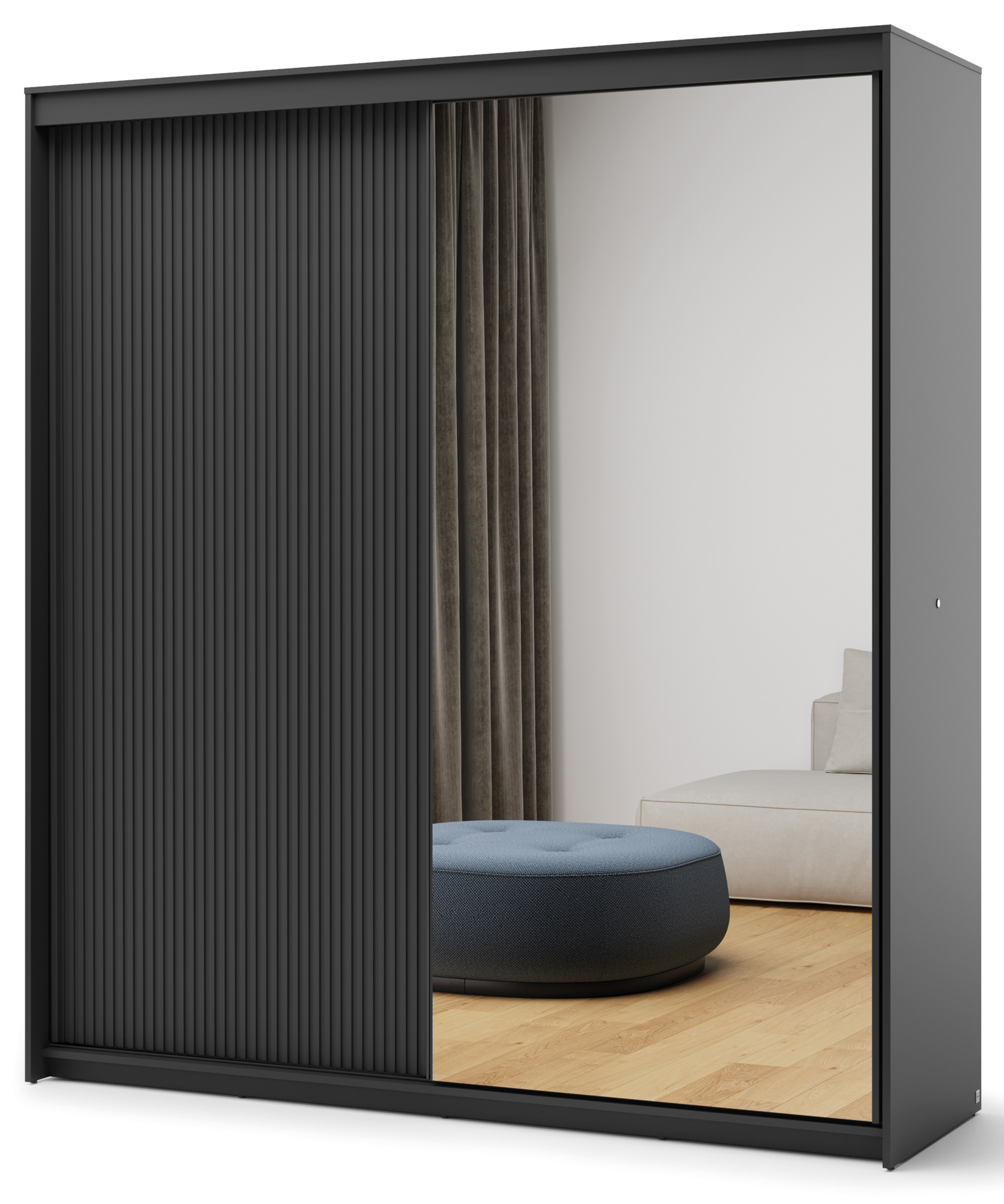 Schiebetürschrank Trend mit zwei Türen, Spiegel und Beleuchtung, 200 cm, gerillte Front, schwarz
