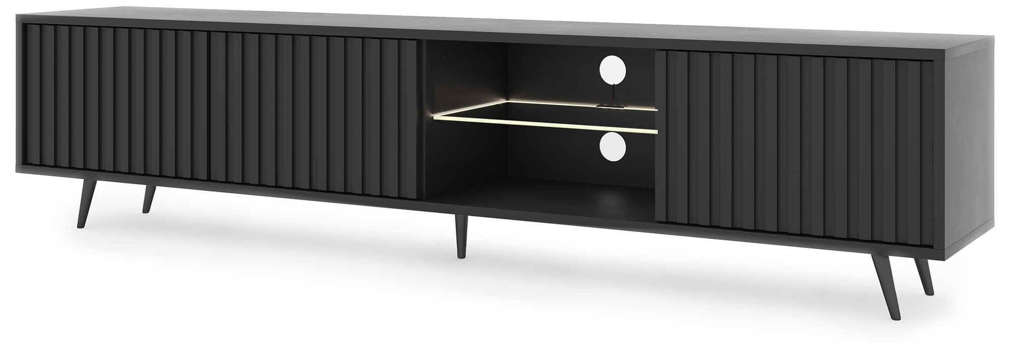 TV-Schrank Bello mit Lamellenfronten 175 cm Schwarz mit LED-Beleuchtung und schwarzen Beinen