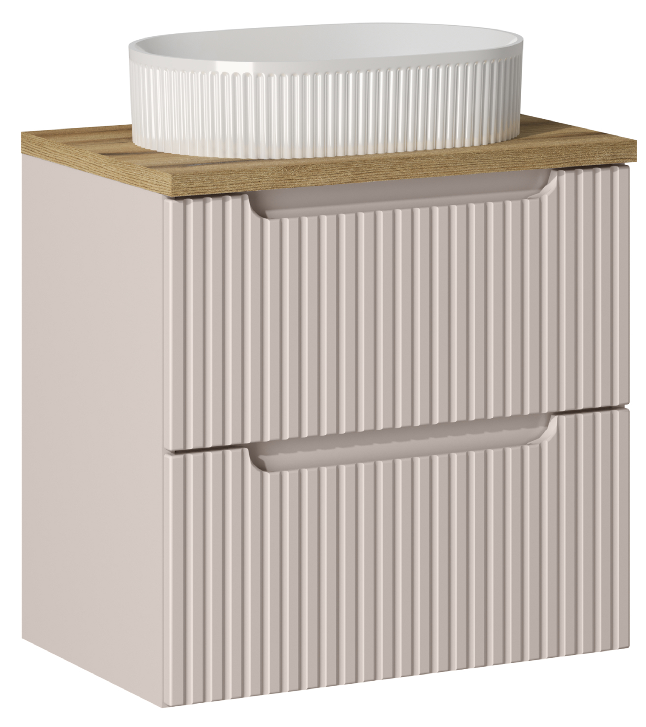 Badmöbel mit zwei Schubladen Novia mit einer 60 cm Arbeitsplatte und Waschbecken in Beige/Eiche