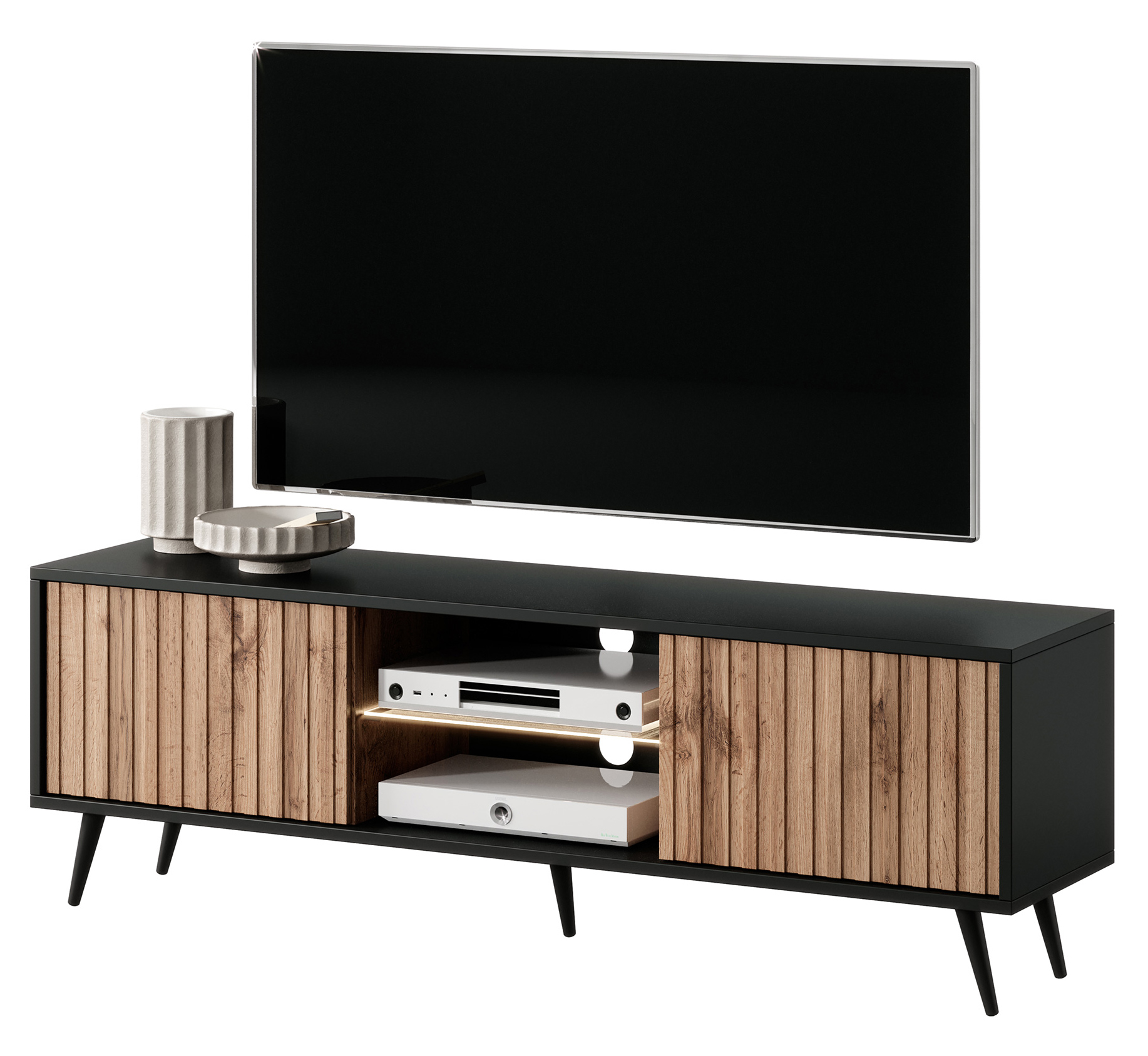 TV-Schrank Bello mit lamellenartigen Fronten 135 cm schwarz/Eiche Wotan mit LED