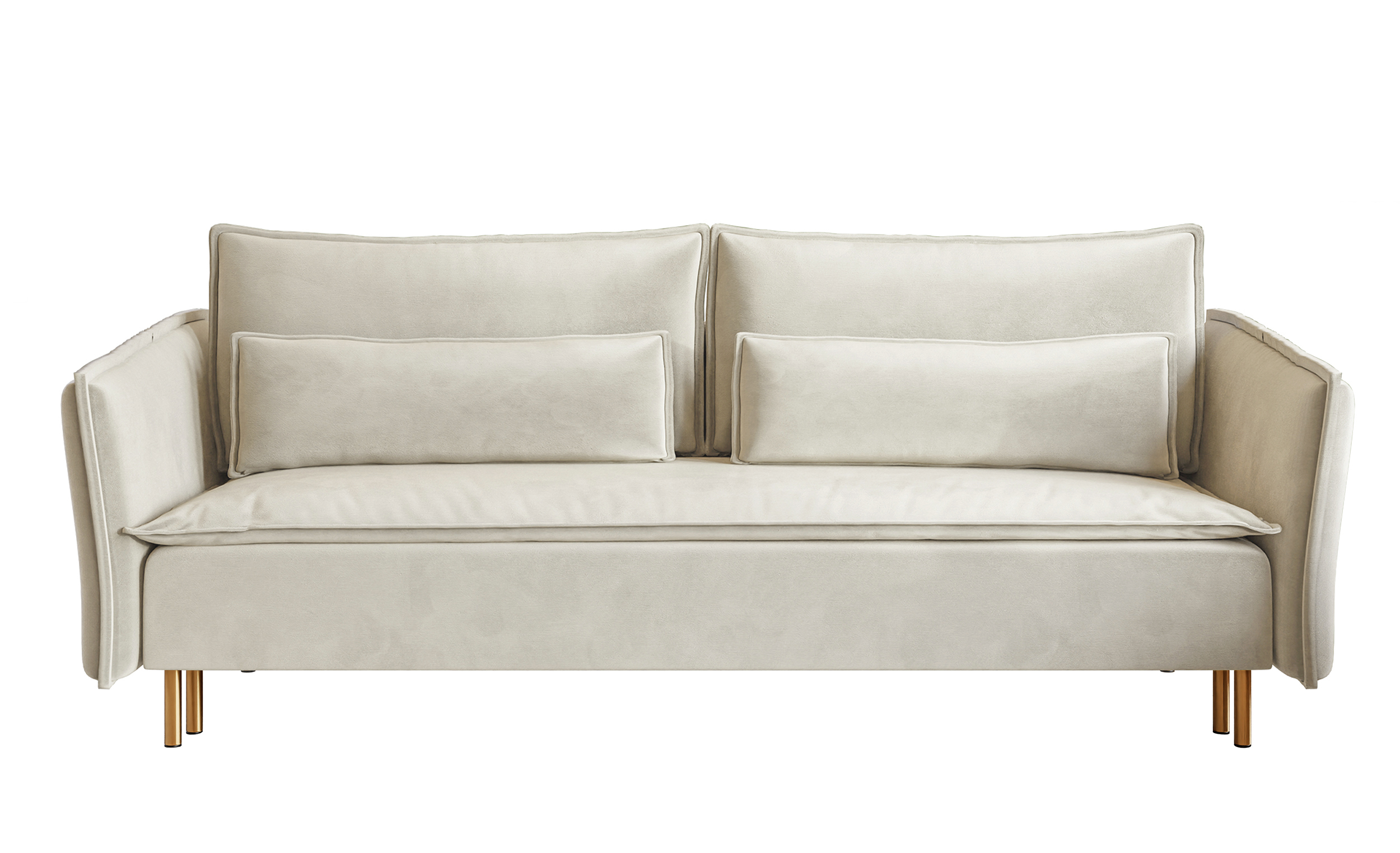 Schlafsofa für drei Personen Ummo in schimmerndem Beige mit Stauraum aus hydrophober Veloursstoff und goldenen Beinen.