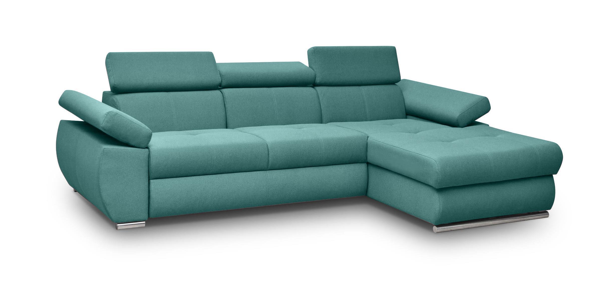 Ecksofa mit Schlaf-Funktion Ararip 276 cm L-förmig mit verstellbaren Kopfstützen und Stauraum, türkisfarbener hydrophober Velvet, rechtsseitig.