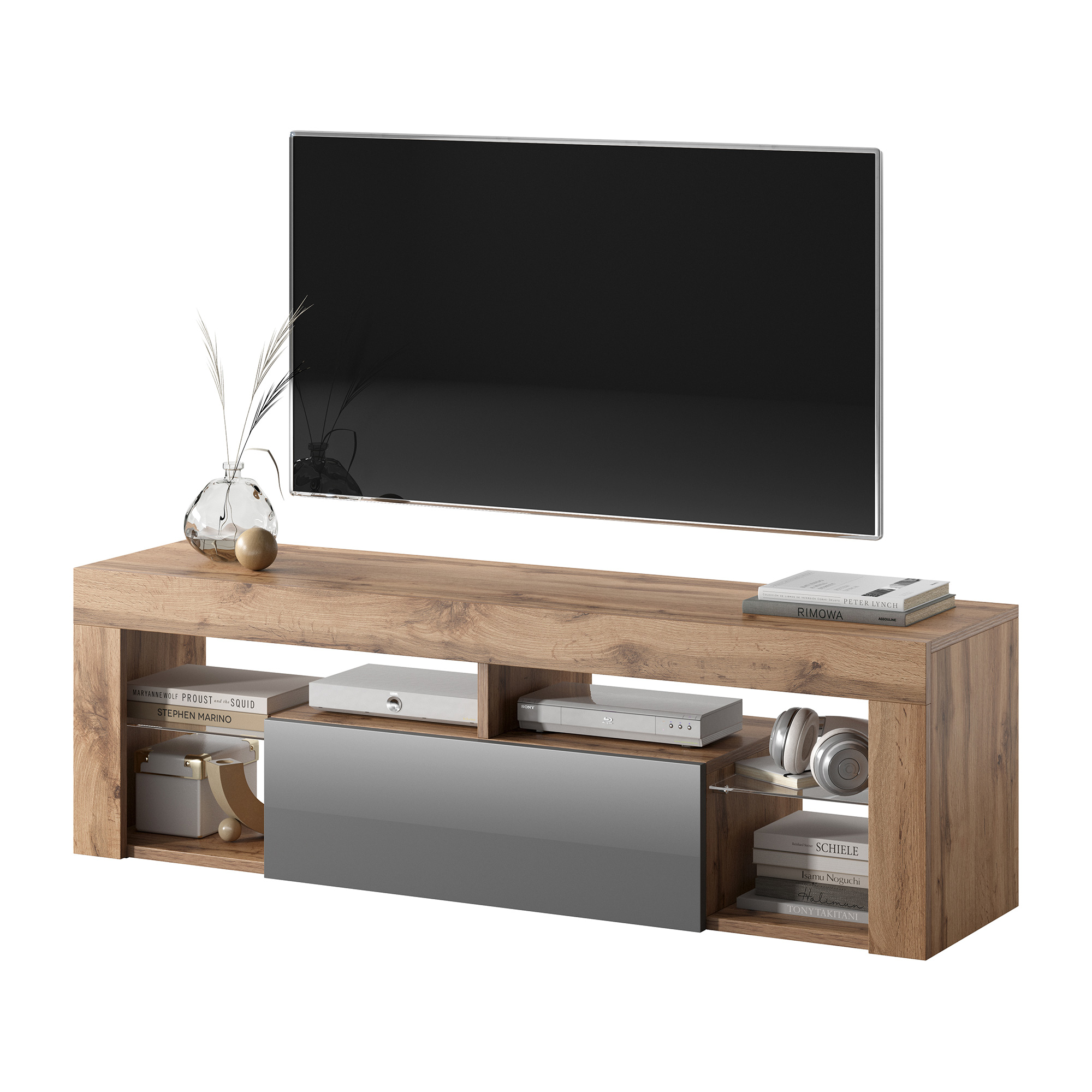 TV-Schrank Bianko 140 cm Eiche Lancaster / Grau Hochglanz mit Beleuchtung