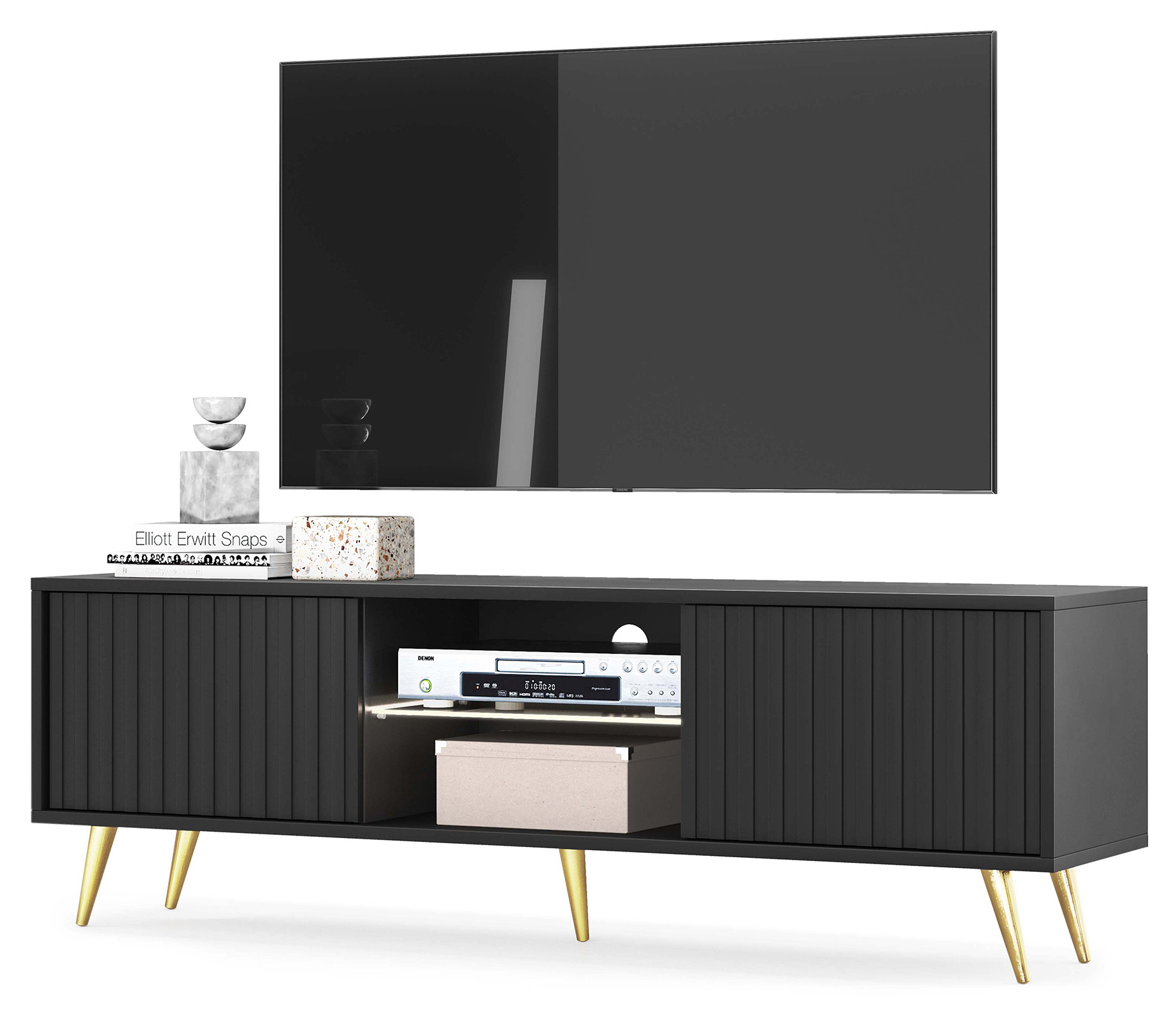  Bello TV-Schrank mit Lamellenfronten 135 cm schwarz mit goldenen Beinen