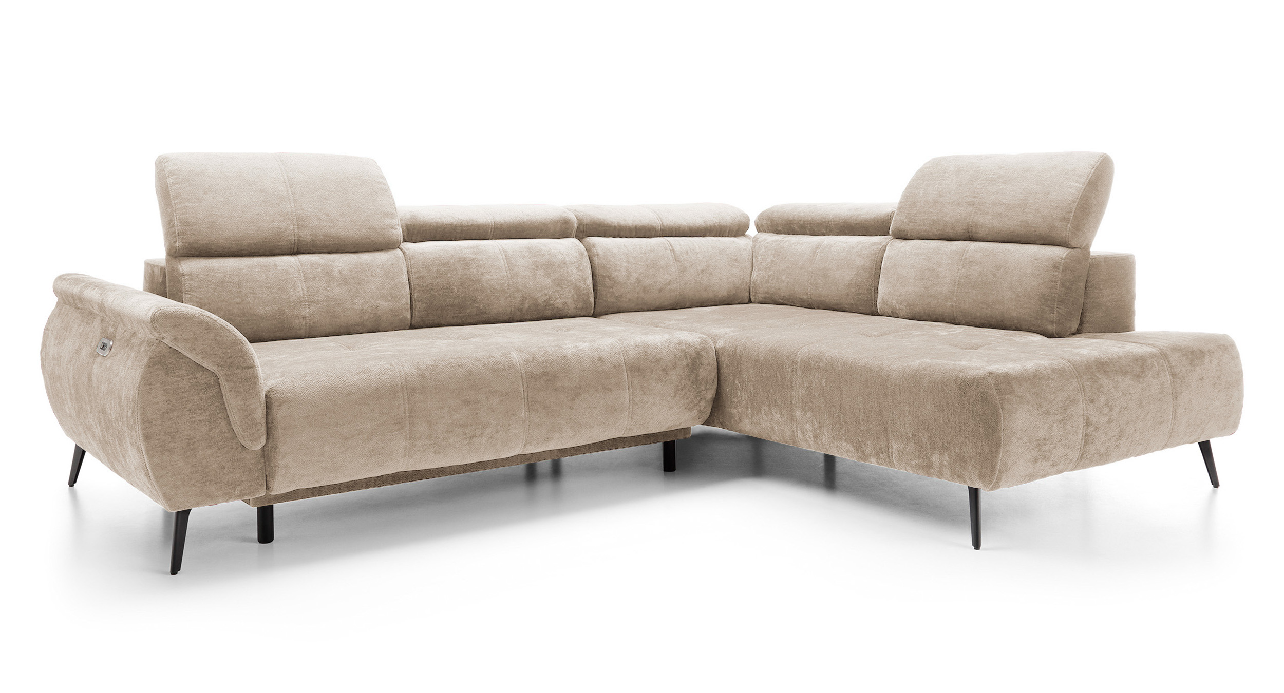 Ecksofa mit Schlaf-Funktion Mamutio L-förmig mit Armlehne und elektrisch ausziehbarem Sitz, beiger Chenille, rechtsseitig.