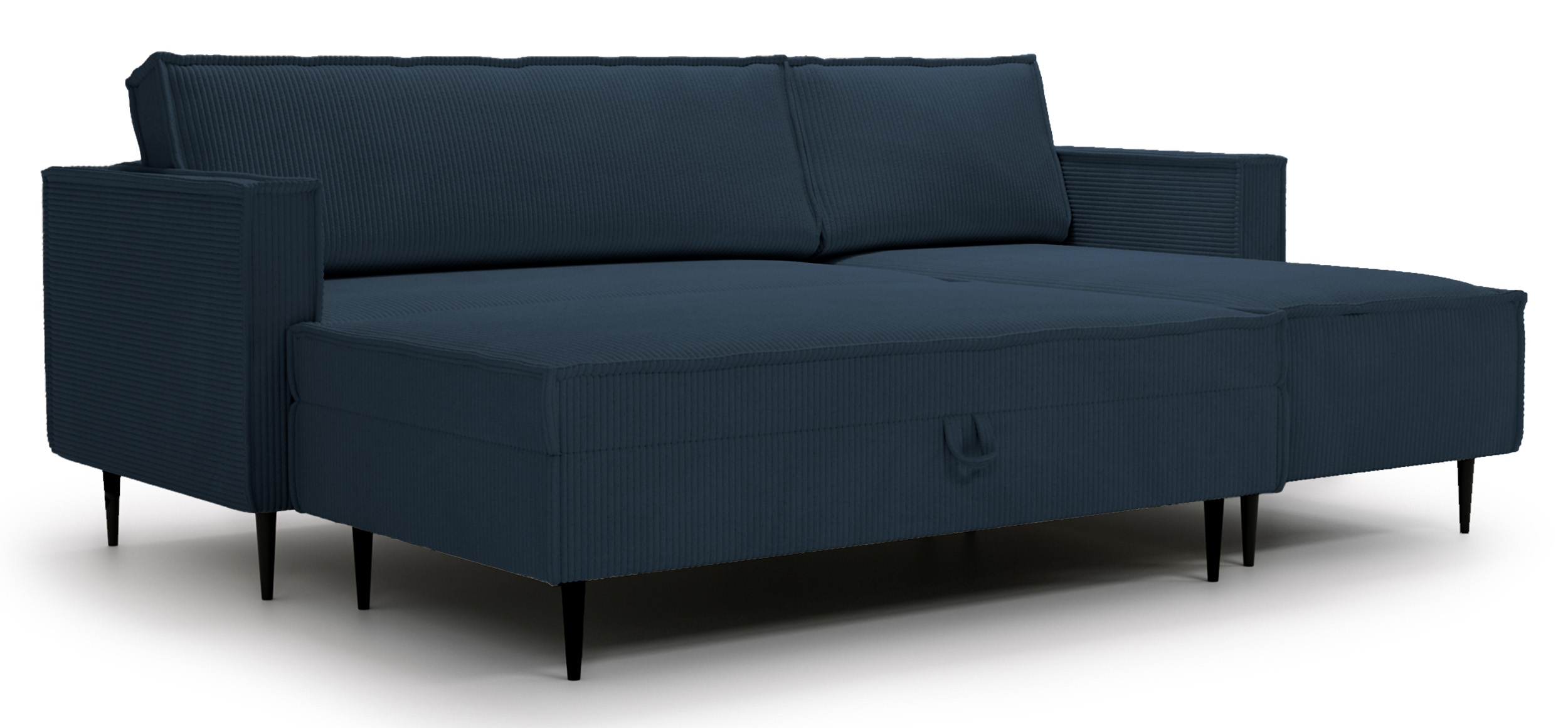 Ecksofa mit Schlafunktion Kopenhagen New L-förmig universal mit Hocker und Stauraum in dunkelblauem Cordstoff