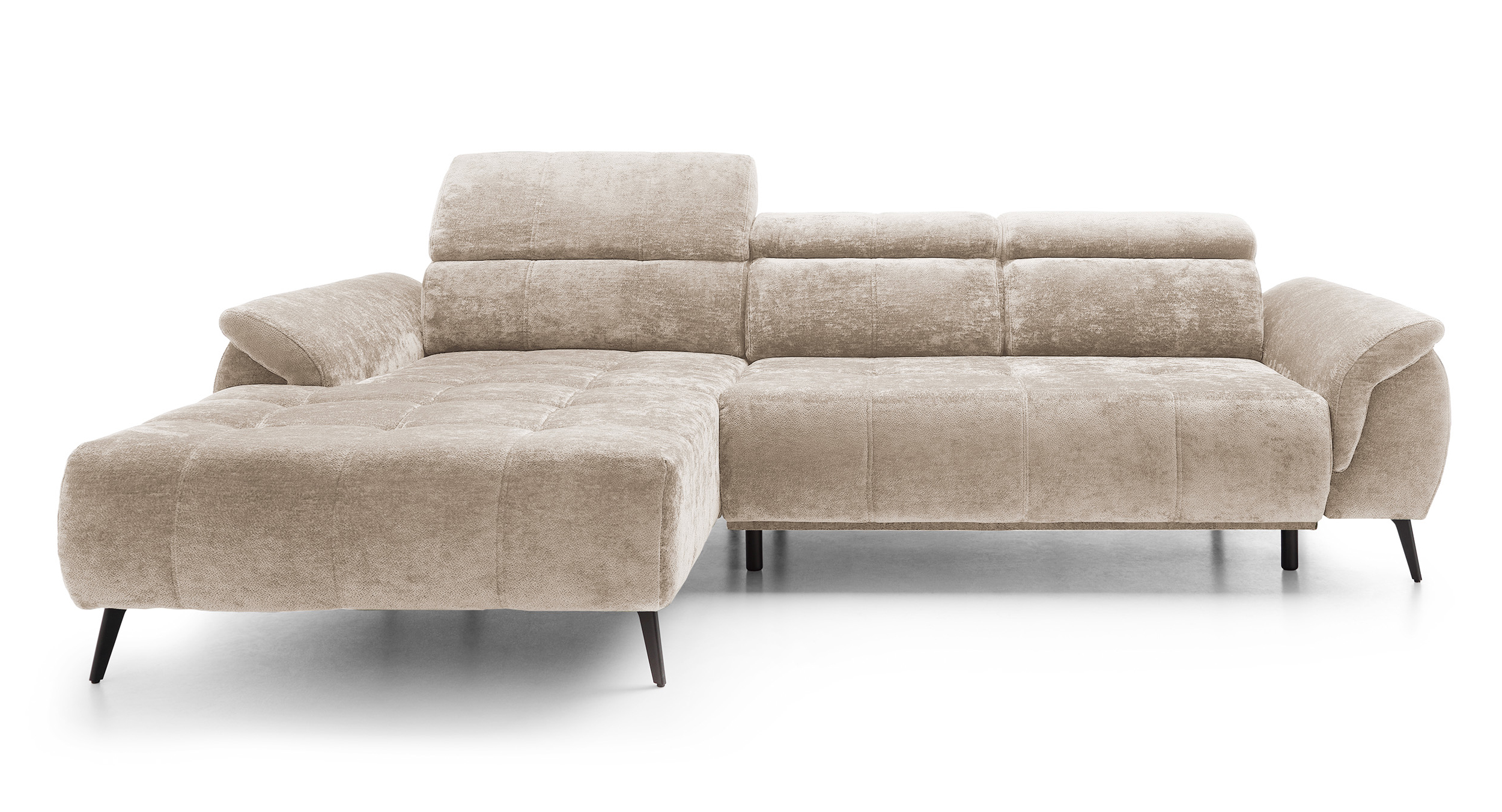 Ecksofa mit Schlaffunktion Mamutio in L-Form mit elektrisch ausfahrbarem Sitz und verstellbaren Kopfstützen, beige Chenille, linksseitig