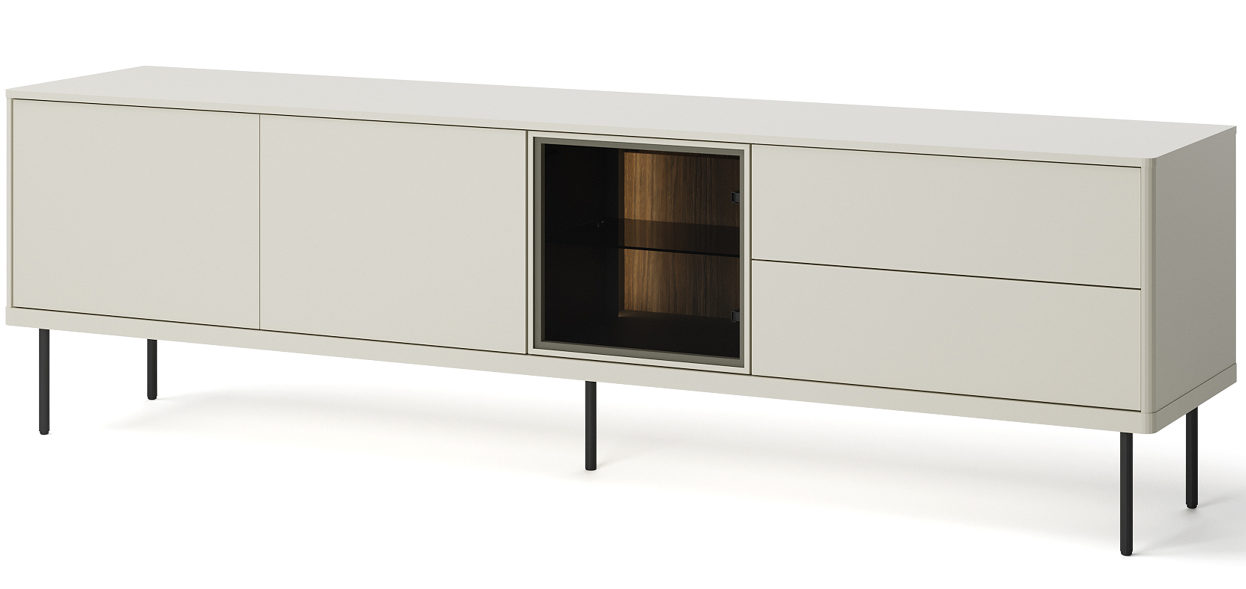 RTV-Sideboard Epiro mit drei Türen, Schubladen und Beleuchtung, 194 cm, grau-beige / dunkle Eiche