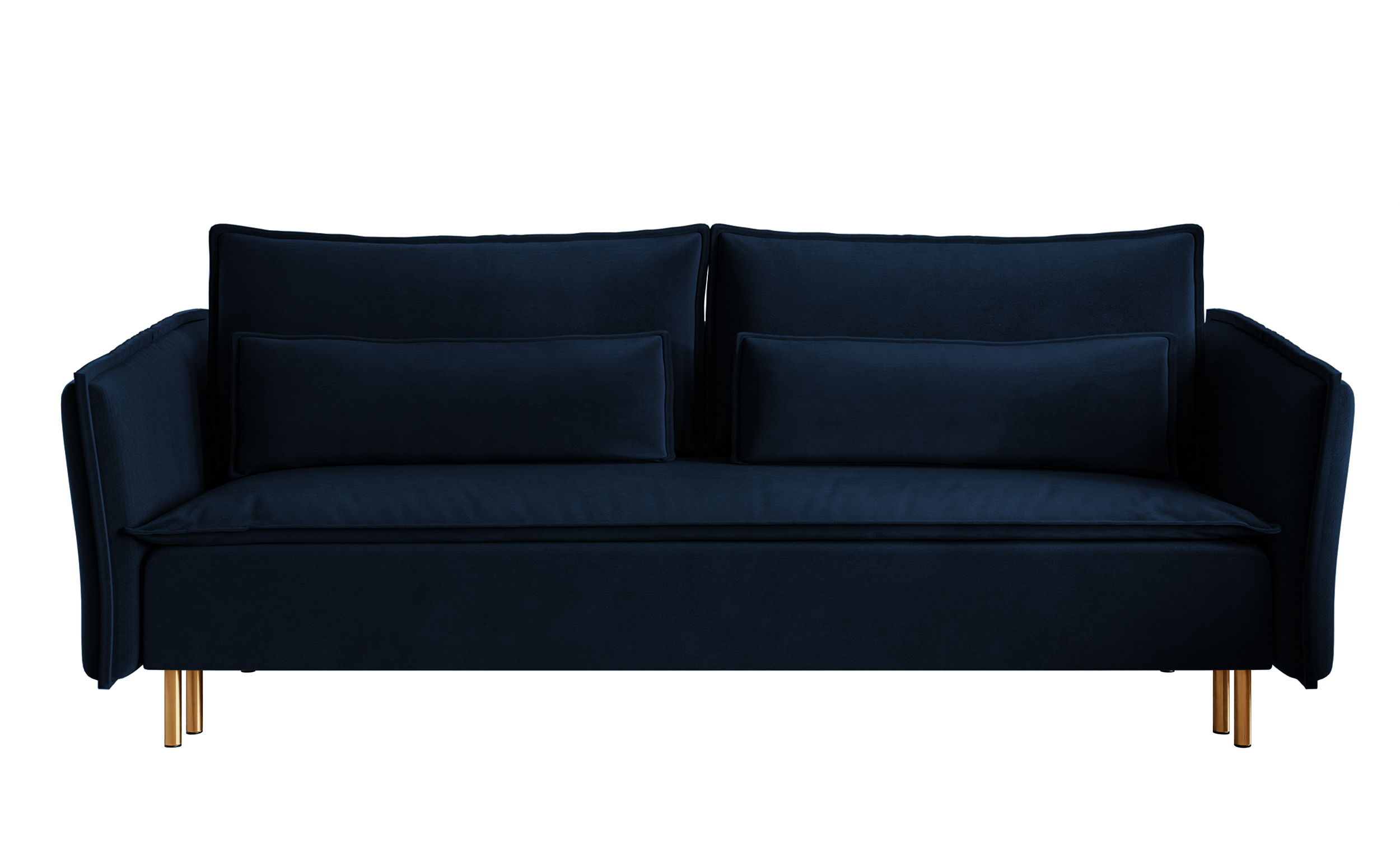 Schlafsofa für drei Personen Ummo in Marineblau mit Stauraum aus hydrophobem Stoff, Samt, goldene Beine