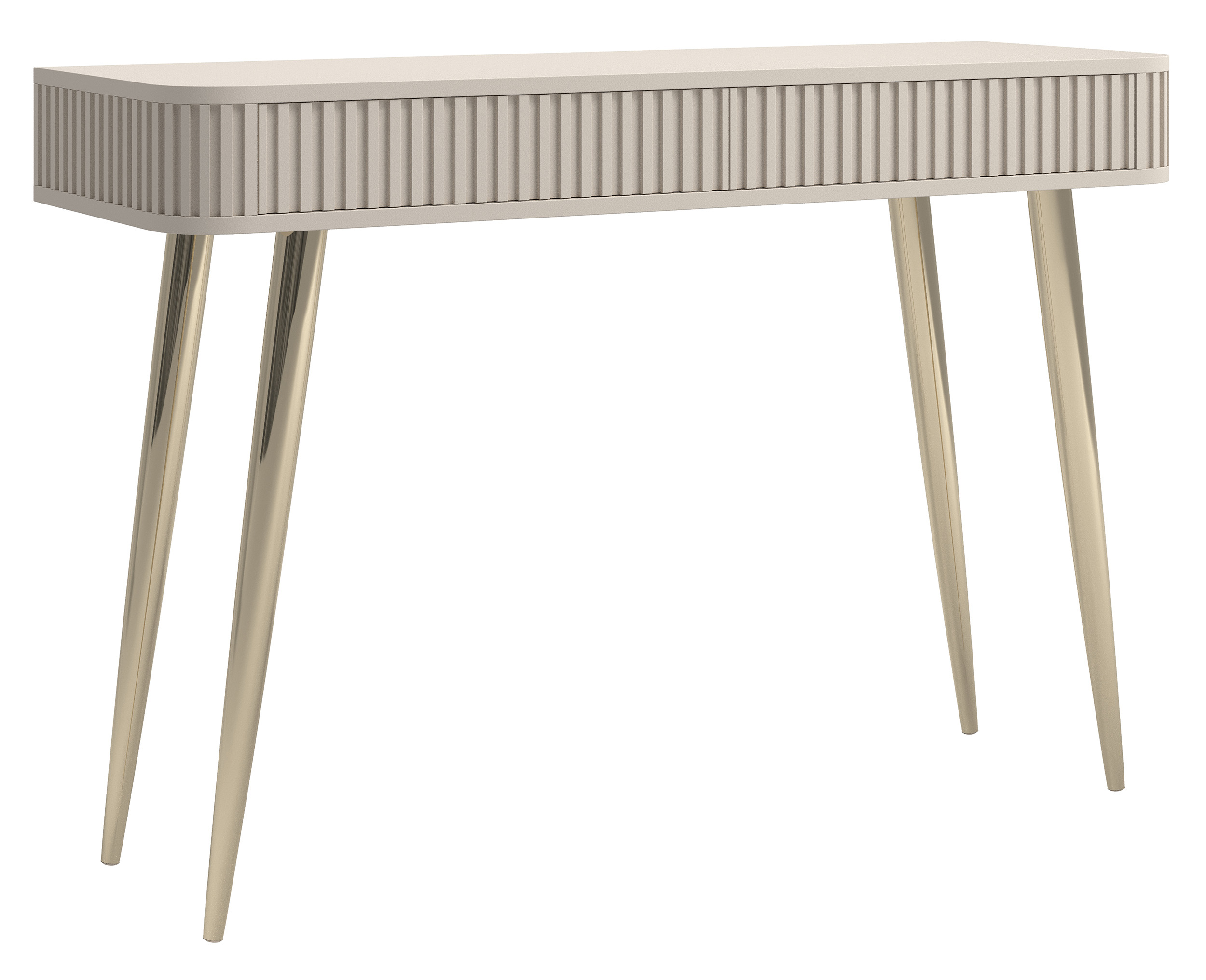 Ovaler Schminktisch mit Rillen und zwei Schubladen, 113 cm, grau-beige mit goldenen Beinen