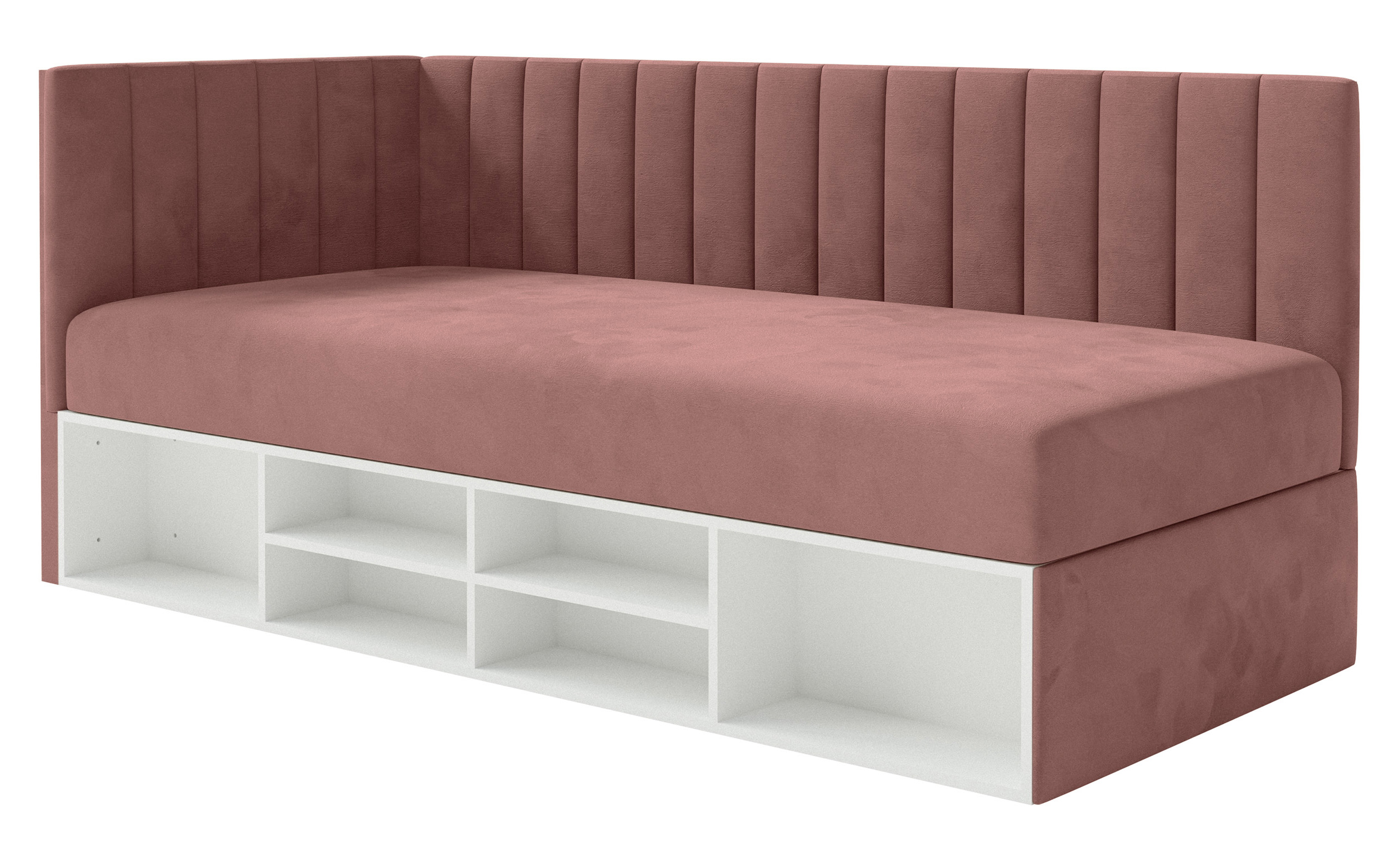 Jugendbett Ventrio links mit Stauraum und Regalen, rosa hydrophobischer Velours, leicht zu reinigen