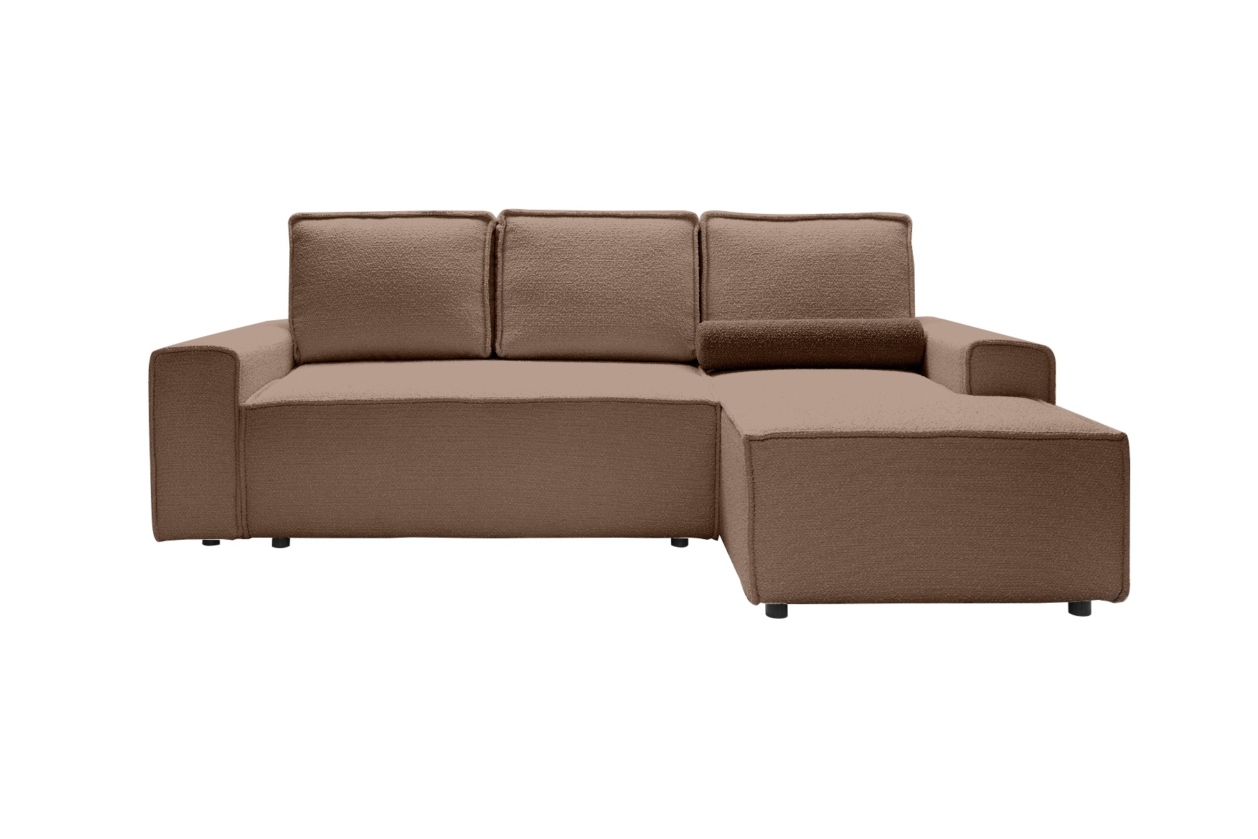 Ecksofa Bergantino mit Schlaffunktion und braunem Boucle-Stoff, rechtsseitig.