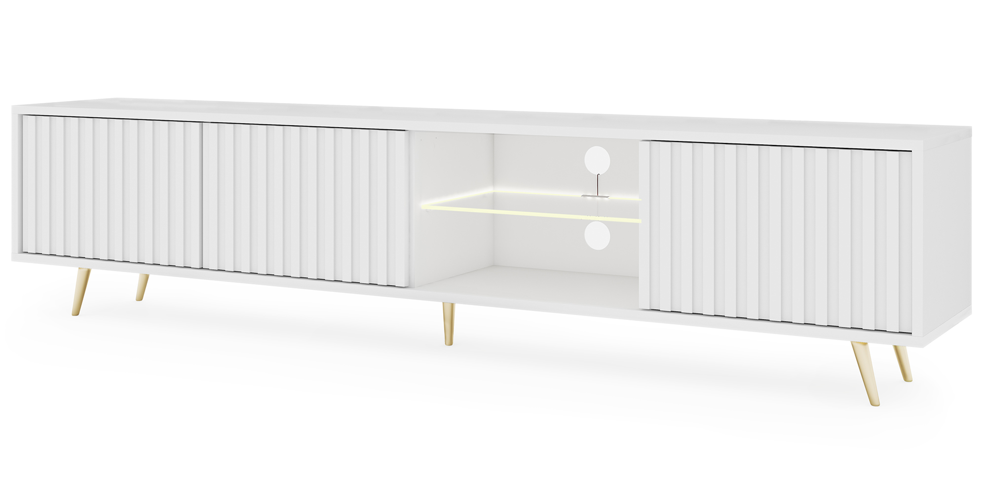 TV-Schrank Bello mit lamellenartigen Fronten 175 cm weiß mit LED und goldenen Beinen