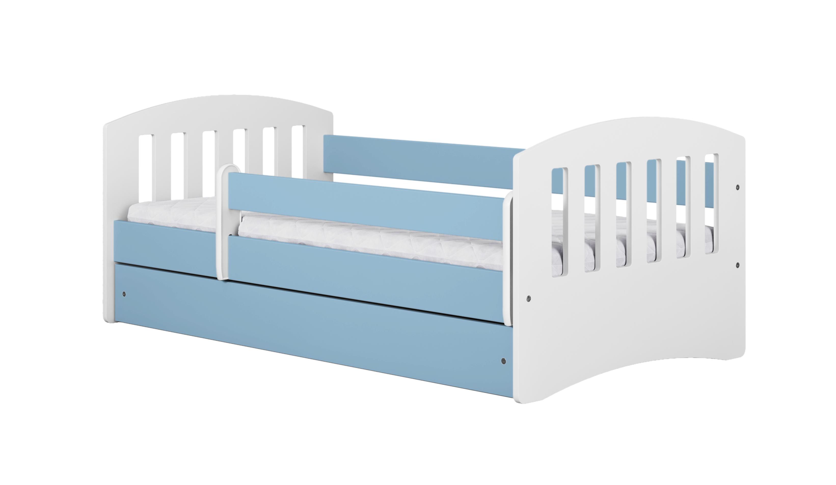 Kinderbett PAMMA in Weiß/Blau mit Rausfallschutz
