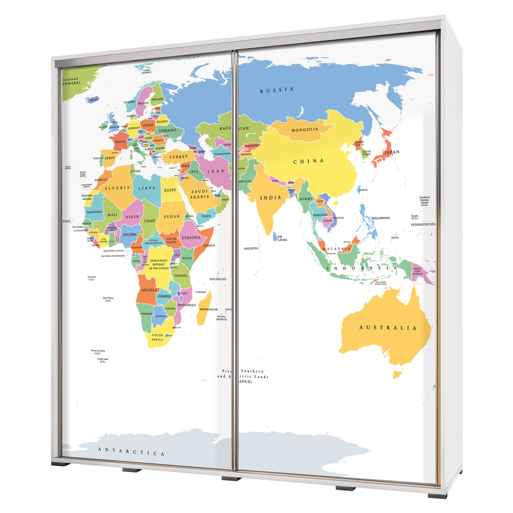 Kleiderschrank WENECJA 205 cm breit mit Fotodruck Weltkarte auf weißem Hintergrund