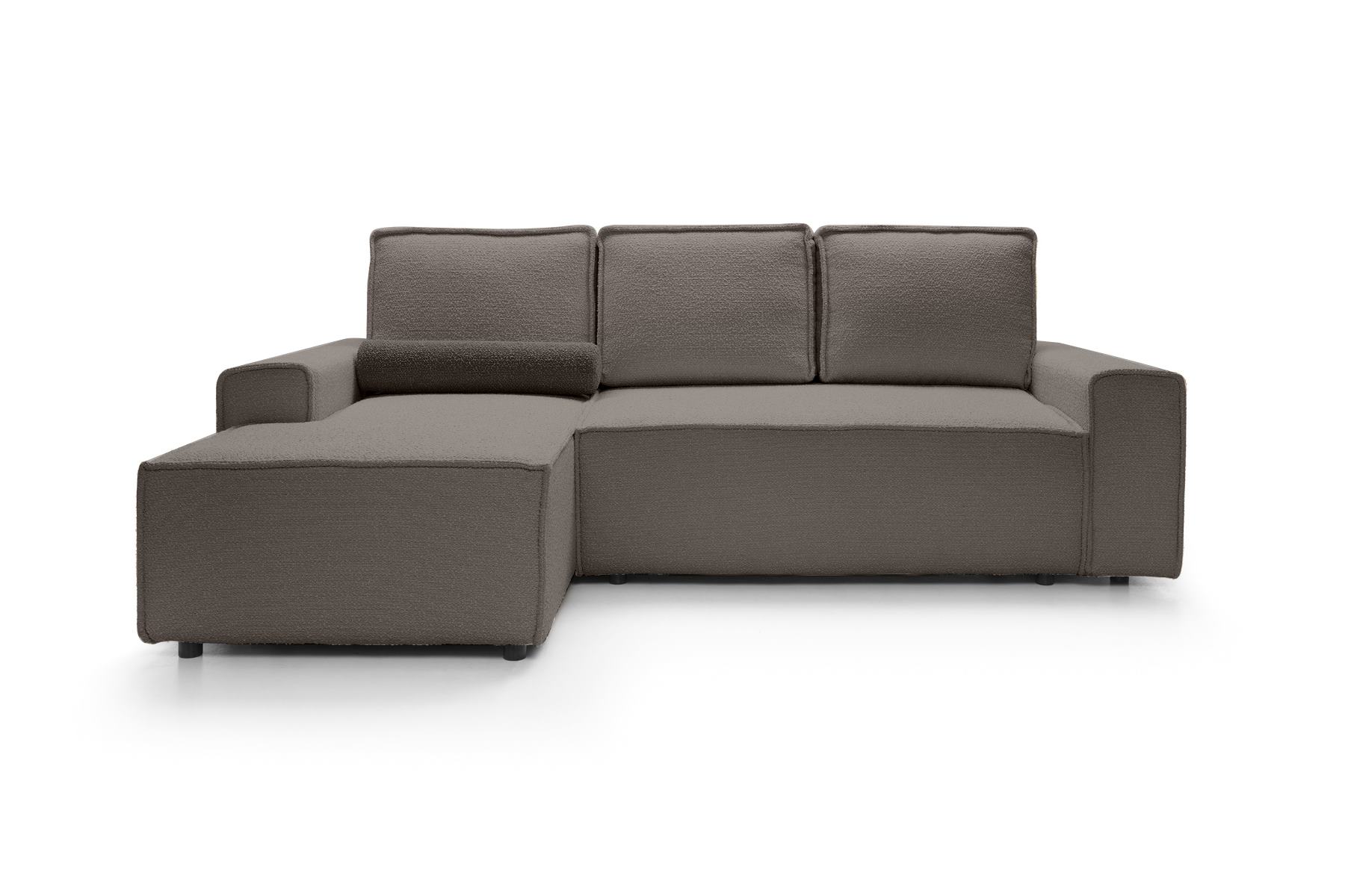 Ecksofa Bergantino mit Schlaffunktion und Aufbewahrungsbox, grau in Boucle-Stoff, linksseitig.