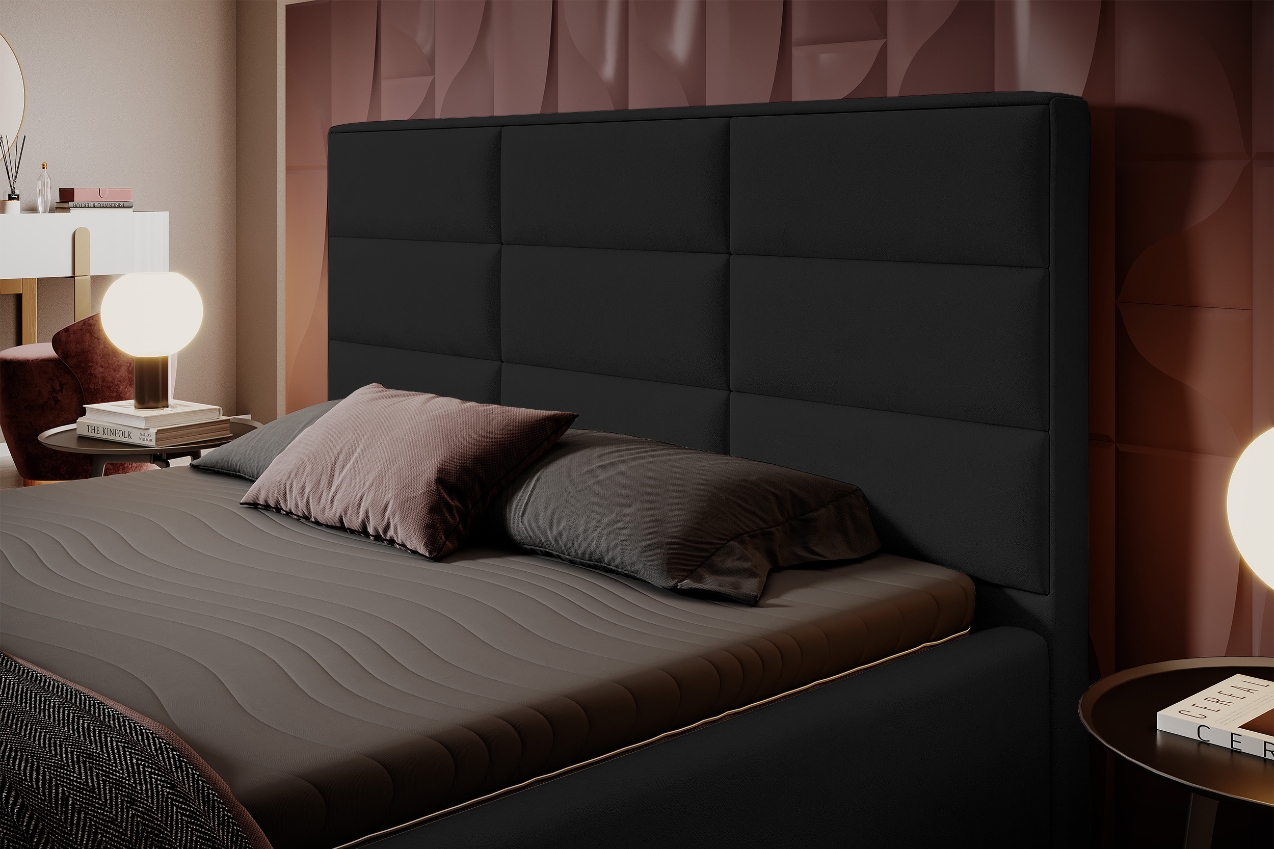 Łóżko tapicerowane 200x200 cm Suvereto z pojemnikiem hydrofobowe czarne