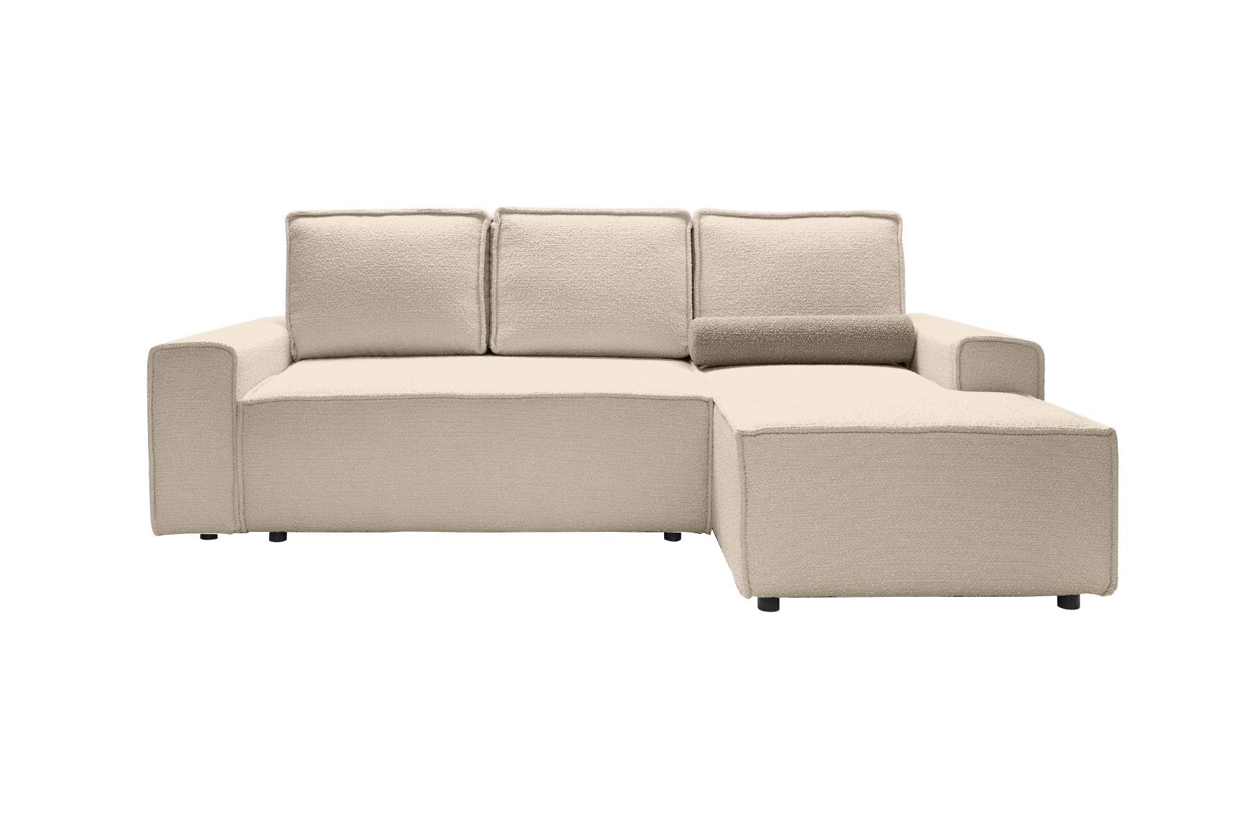 Ecksofa Bergantino mit Schlaffunktion und Stauraum, beige in Boucle-Stoff, rechtsseitig.