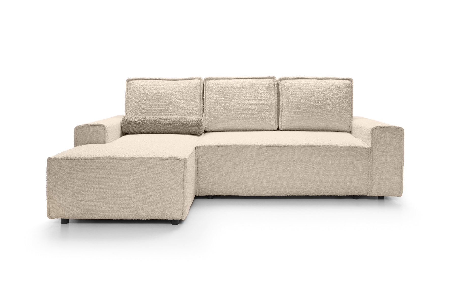 Ecksofa Bergantino mit Schlaffunktion und Stauraum, beige in Boucle-Stoff, linksseitig.