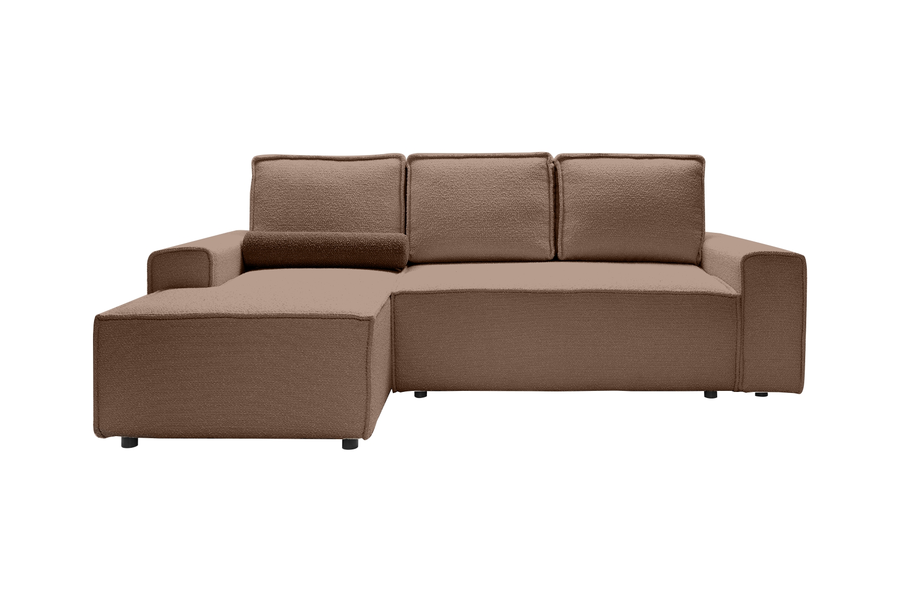 Ecksofa Bergantino mit Schlaffunktion und braunem Boucle-Stoff, linksseitig.