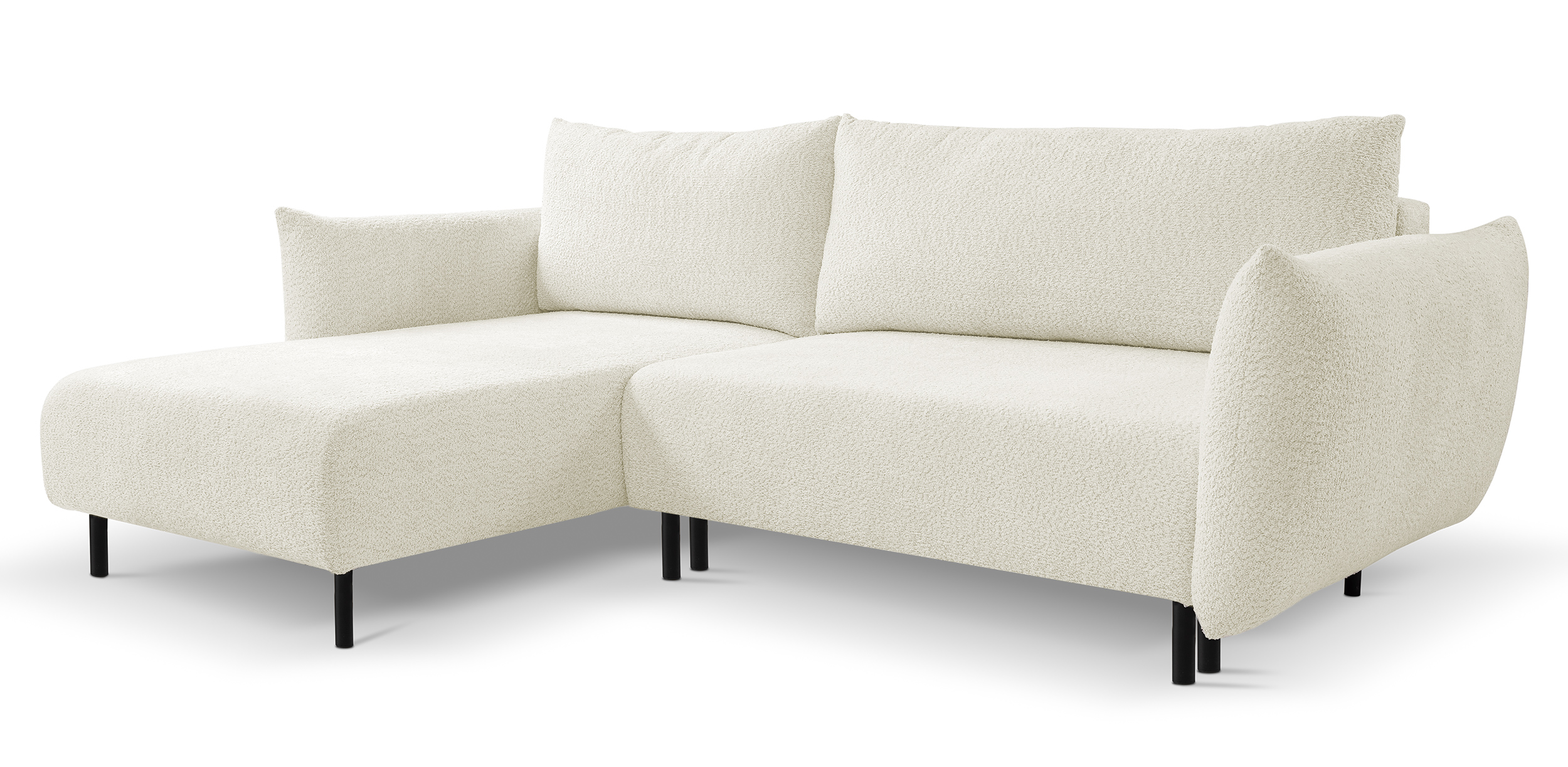 Ecksofa Milia mit Schlaf-Funktion und Bettkasten in cremefarbener Boucle.