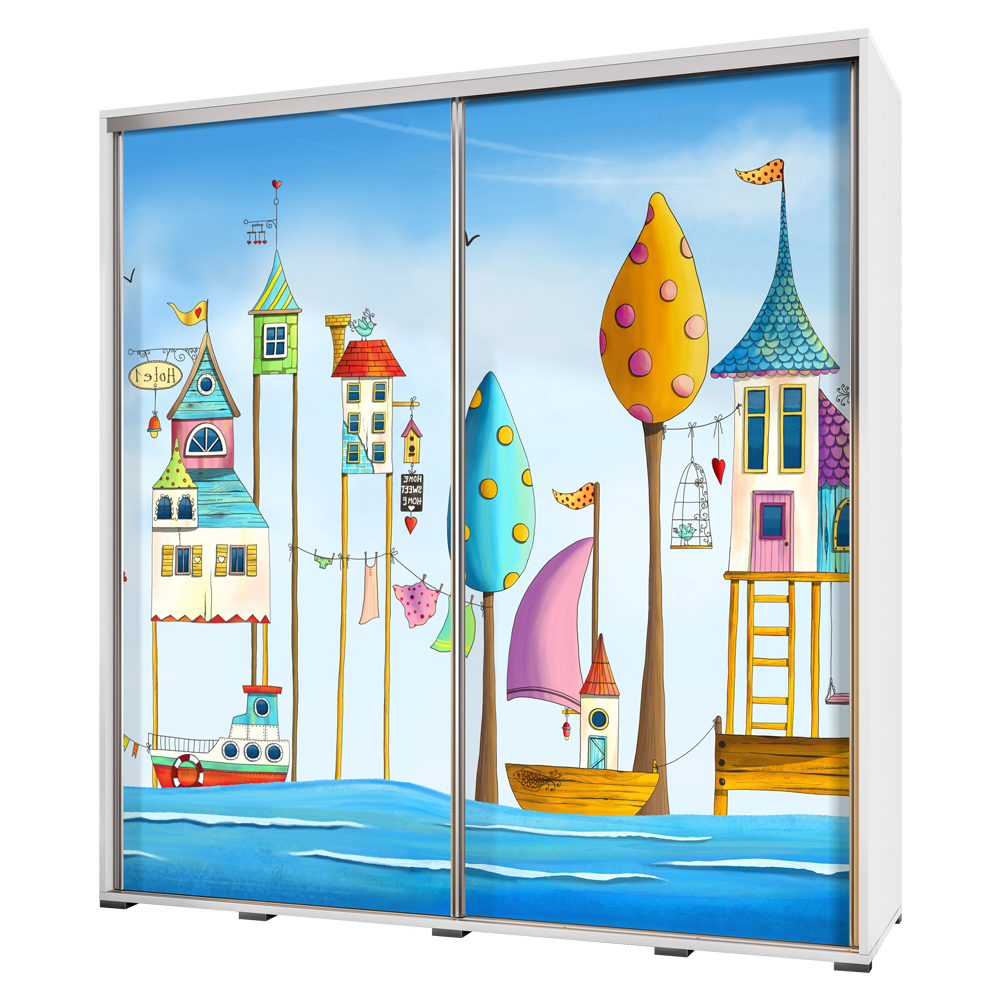 Kleiderschrank WENECJA 205 cm breit mit Fotodruck Hafenstädtchen