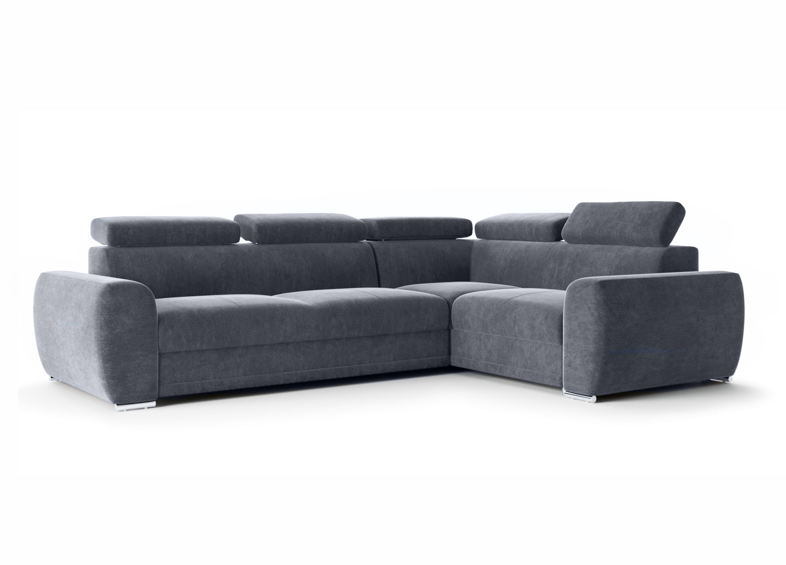 Ecksofa mit Schlaf-Funktion Danles L-förmig mit fünf verstellbaren Kopfstützen und Stauraum, graphitfarbener hydrophober Velours, rechtsseitig.