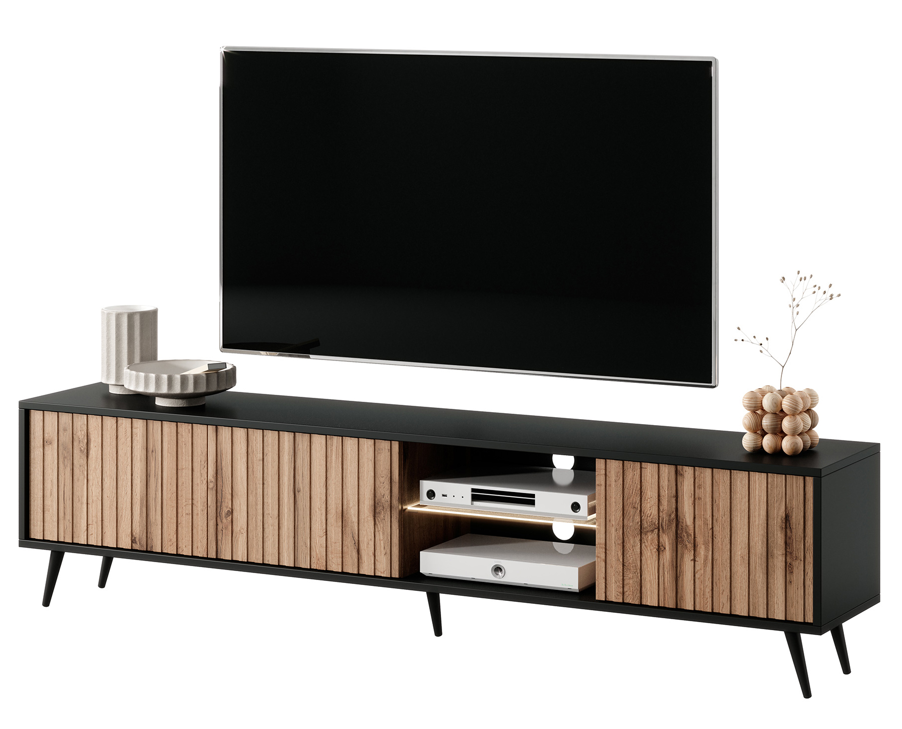 TV-Schrank Bello mit lamellenartigen Fronten 175 cm schwarz/Eiche Wotan mit LED