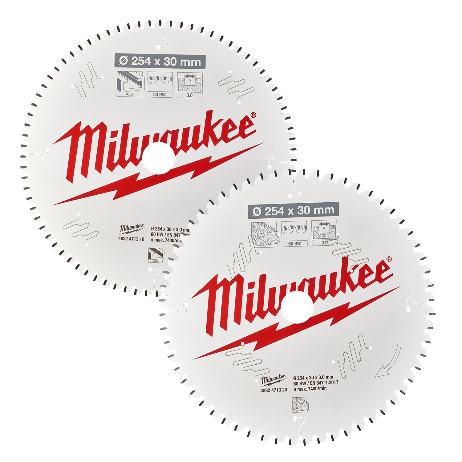 Milwaukee zestaw pił Twin Pack piła tarczowych do cięcia drewna 254x30 mm 60 zębów, piła tarczowych do cięcia aluminium 254x30 mm 80 zębów 4932479576