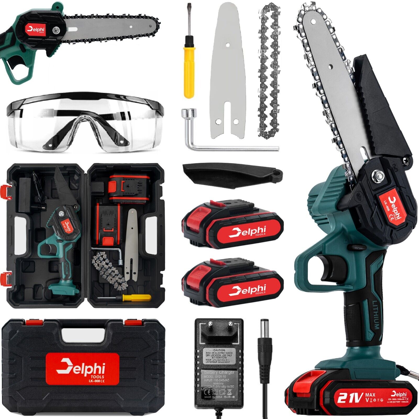 100W Akku-Kettensäge 6 Zoll Mini Elektro-Handkettensäge mit 2 Batterien Delphi 100W Akku-Kettensäge 6 Zoll Mini Elektro-Handkettensäge mit 2 Batterien Delphi