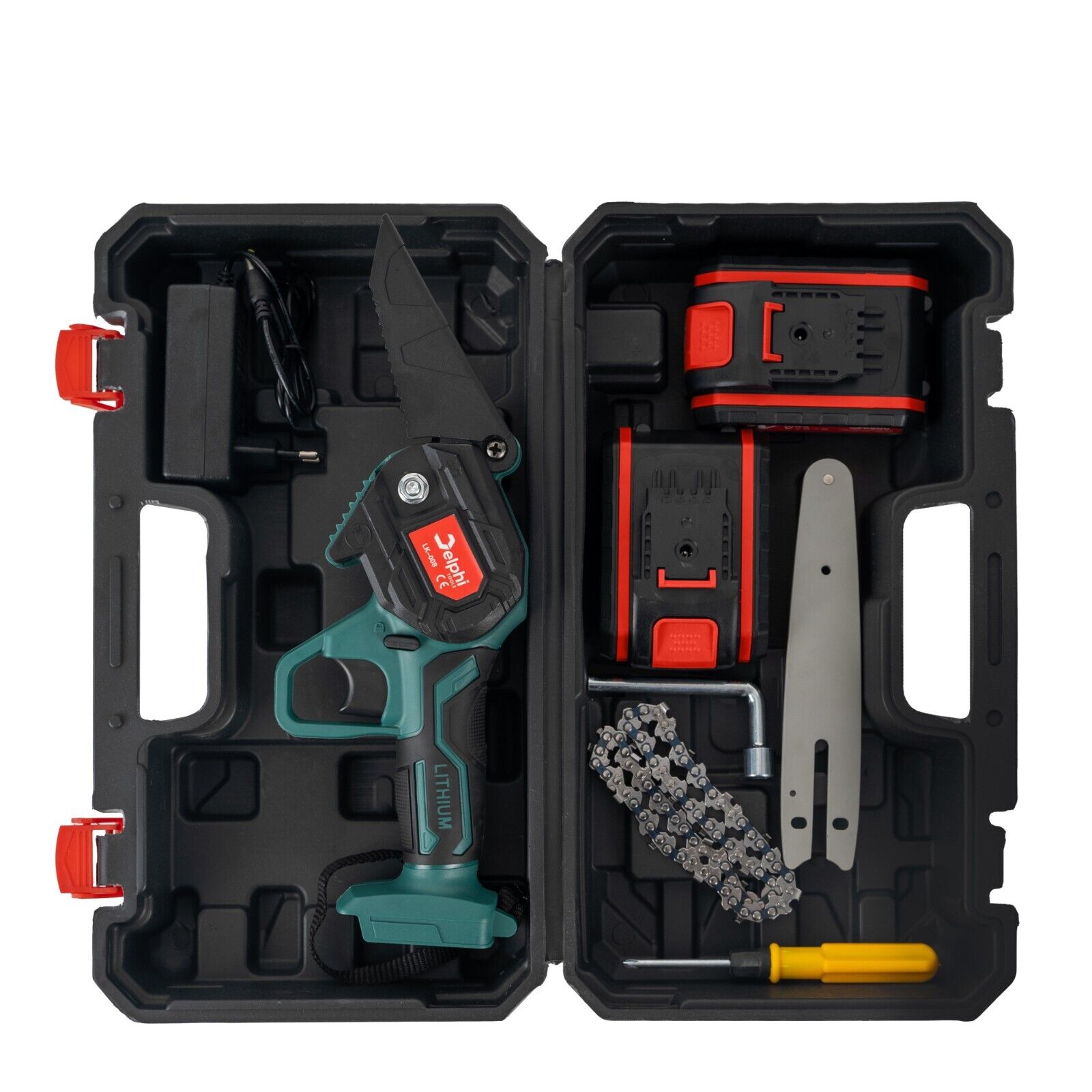 100W Akku-Kettensäge 6 Zoll Mini Elektro-Handkettensäge mit 2 Batterien Delphi (4) 100W Akku-Kettensäge 6 Zoll Mini Elektro-Handkettensäge mit 2 Batterien Delphi (4)