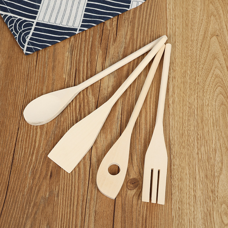Drewniane przybory kuchenne: łyżka widelec łopatka łopatka z otworem