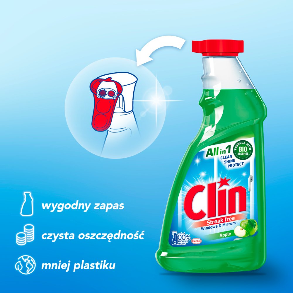 Clin Apple Płyn do mycia powierzchni szklanych opakowanie uzupełniające 500ml (2)