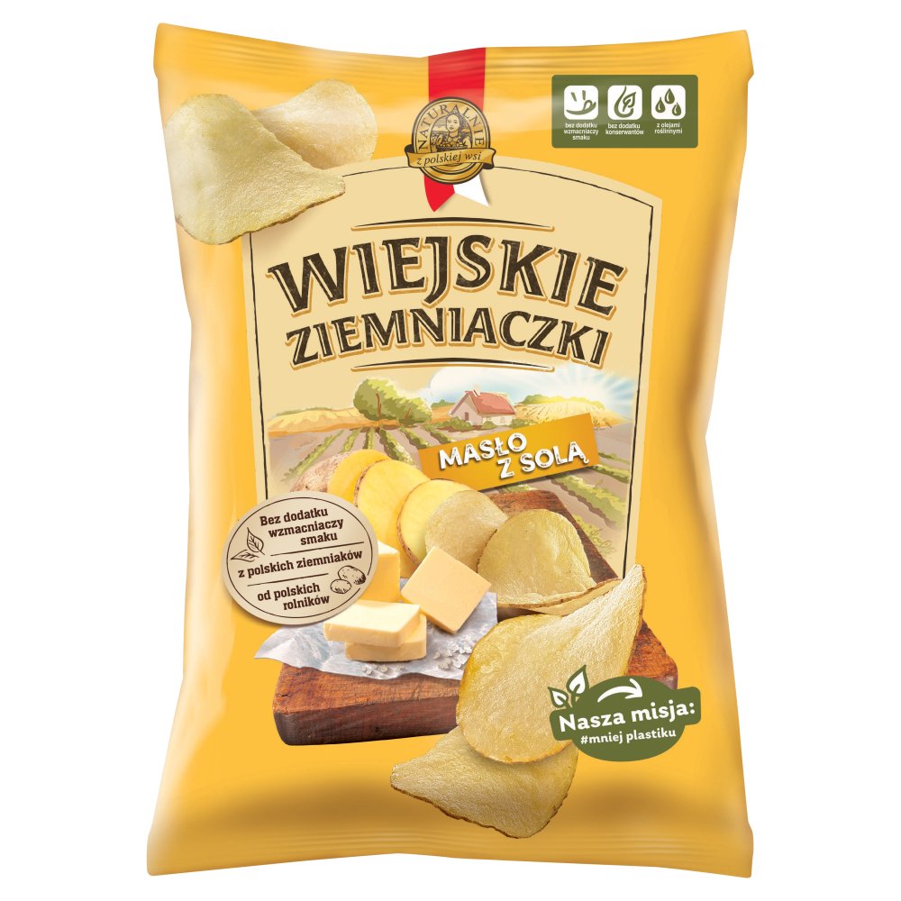 Wiejskie Ziemniaczki Chipsy ziemniaczane o smaku masła z solą 130 g