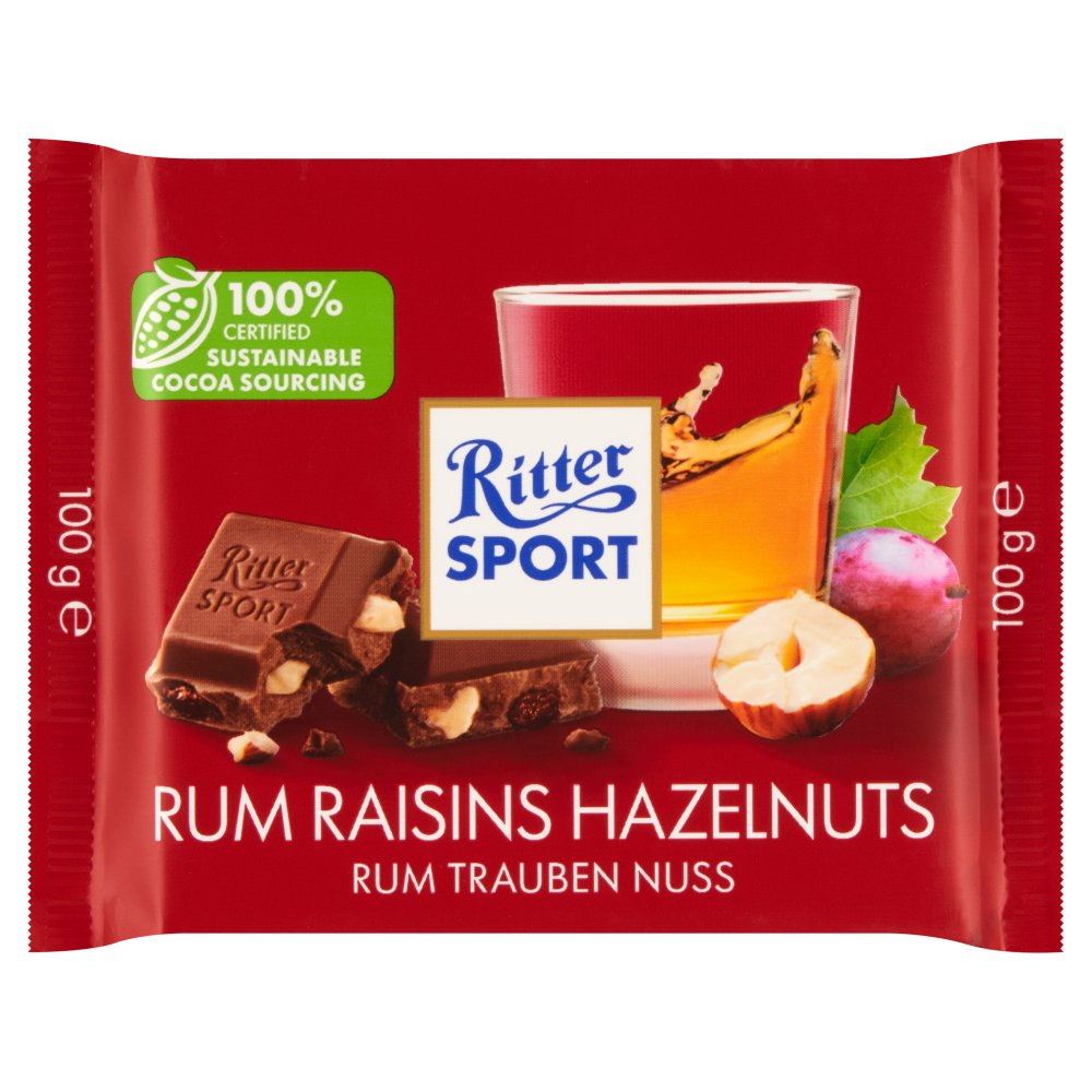 Ritter Sport Czekolada mleczna z rodzynkami w rumie i orzechami laskowymi 100 g