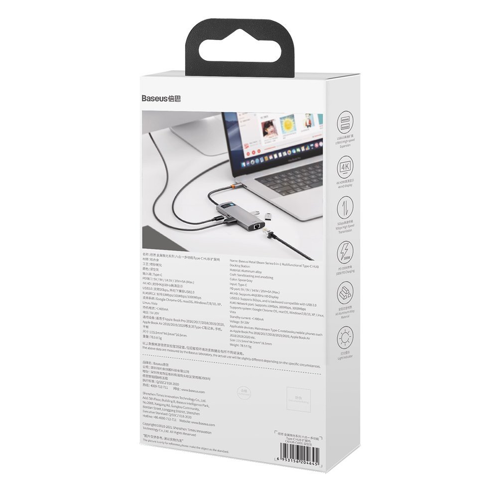 Wielofunkcyjny HUB 6w1 USB USB-C PD HDMI 3x USB 3.2 RJ45 Szary (6)