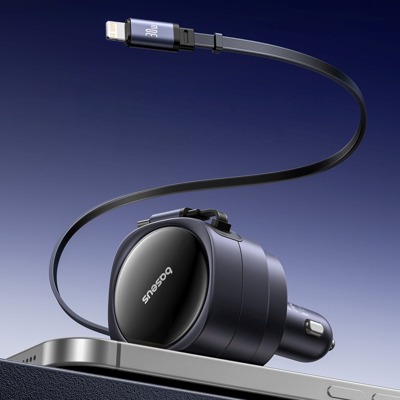 Ładowarka samochodowa ze zwijanymi kablami USB-C iPhone Lightning 60W - czarna (9)