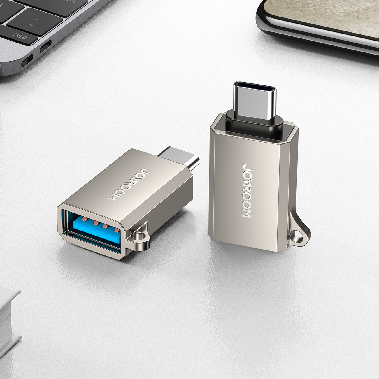 Adapter przejściówka USB-C (męski) - USB-A (żeński) z oczkiem na smycz - srebrny (7)