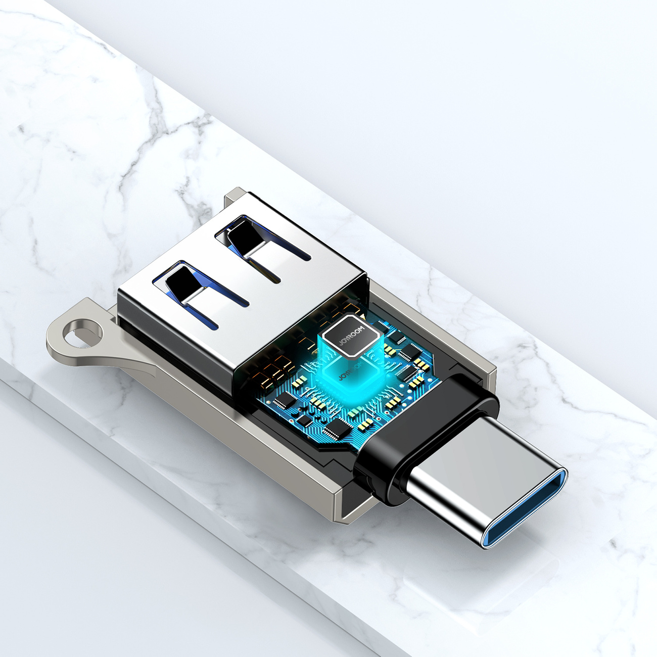 Adapter przejściówka USB-C (męski) - USB-A (żeński) z oczkiem na smycz - srebrny (3)