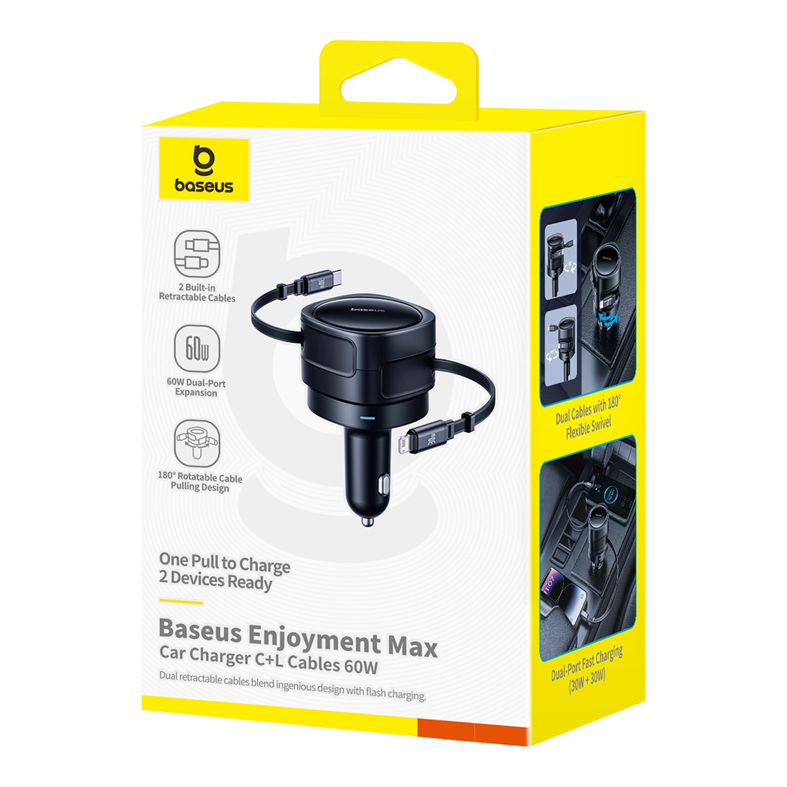 Ładowarka samochodowa ze zwijanymi kablami USB-C iPhone Lightning 60W - czarna (4)