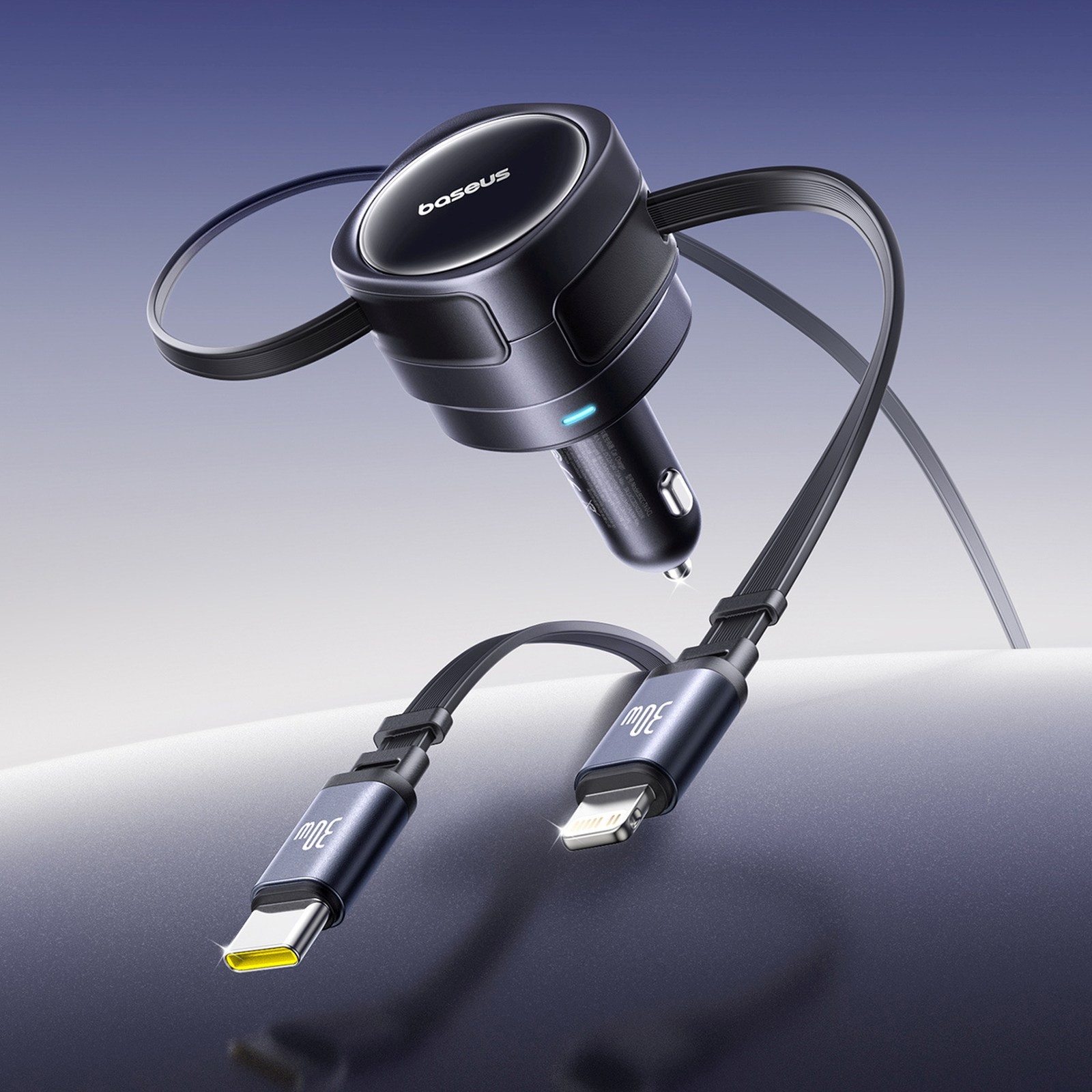 Ładowarka samochodowa ze zwijanymi kablami USB-C iPhone Lightning 60W - czarna (6)