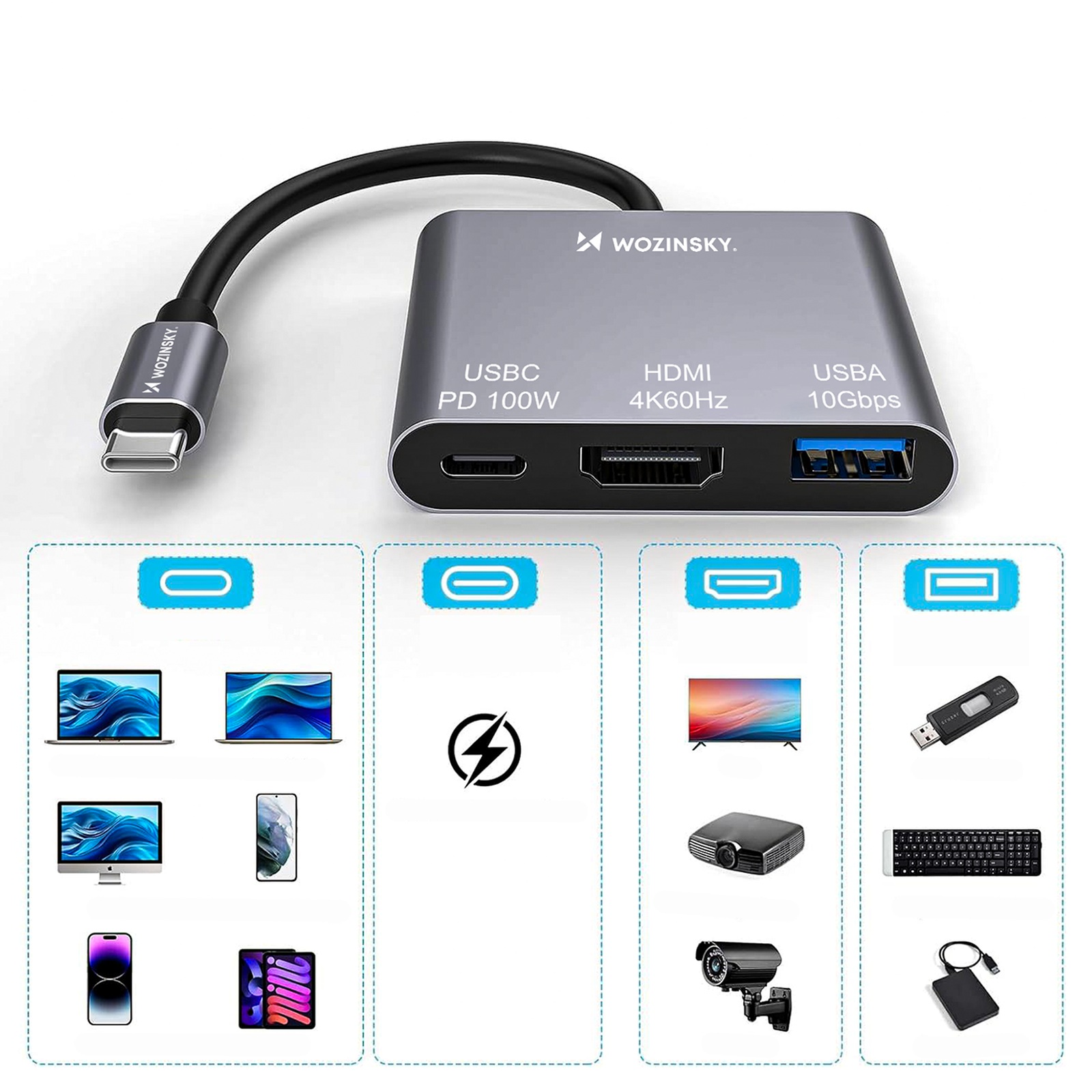 Hub rozdzielacz USB-C na USB-C USB-A HDMI PD 10 Gb/s 4K - szary (5)