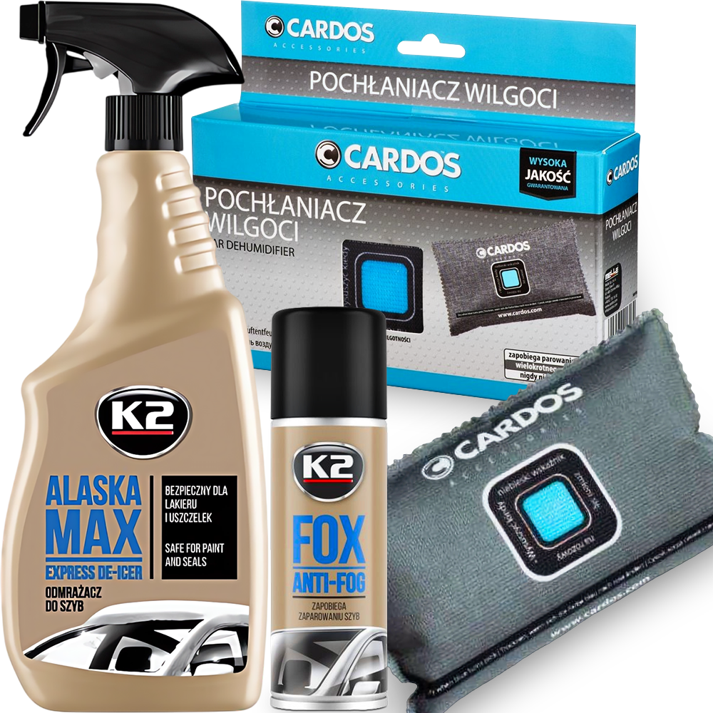K2 ALASKA ODMRAŻACZ DO SZYB + CARDOS POCHŁANIACZ WILGOCI DO AUTA + ANTYPARA
