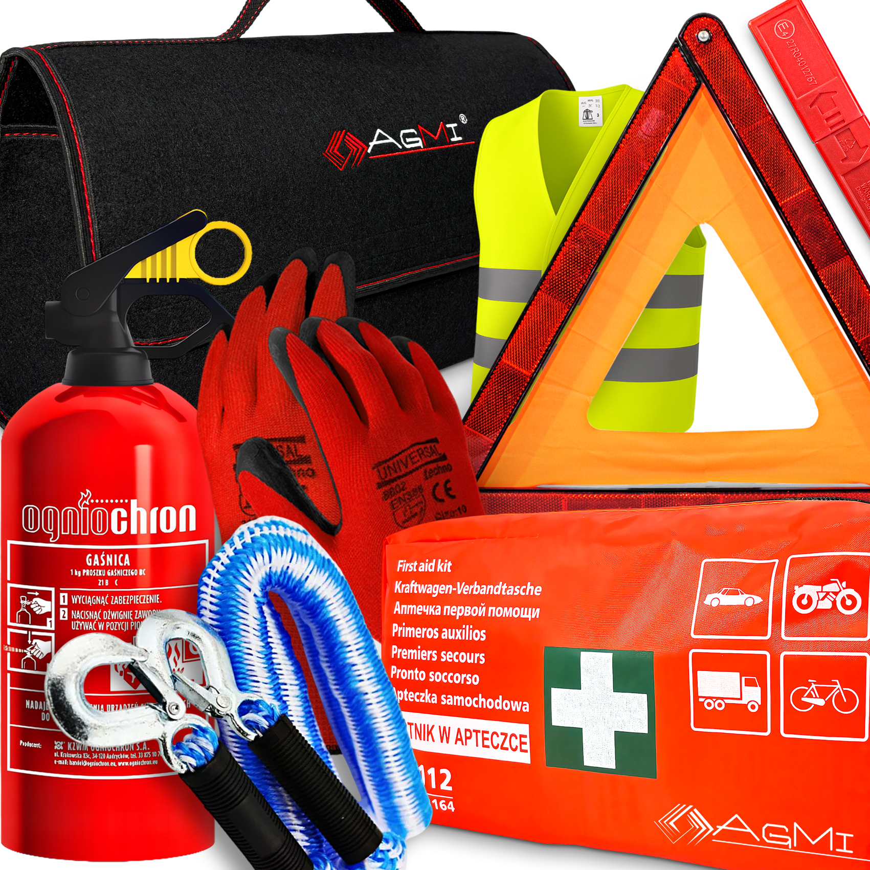 GAŚNICA 1KG APTECZKA DIN13164 KAMIZELKA TORBA TRÓJKĄT LINKA RĘKAWICE ZESTAW